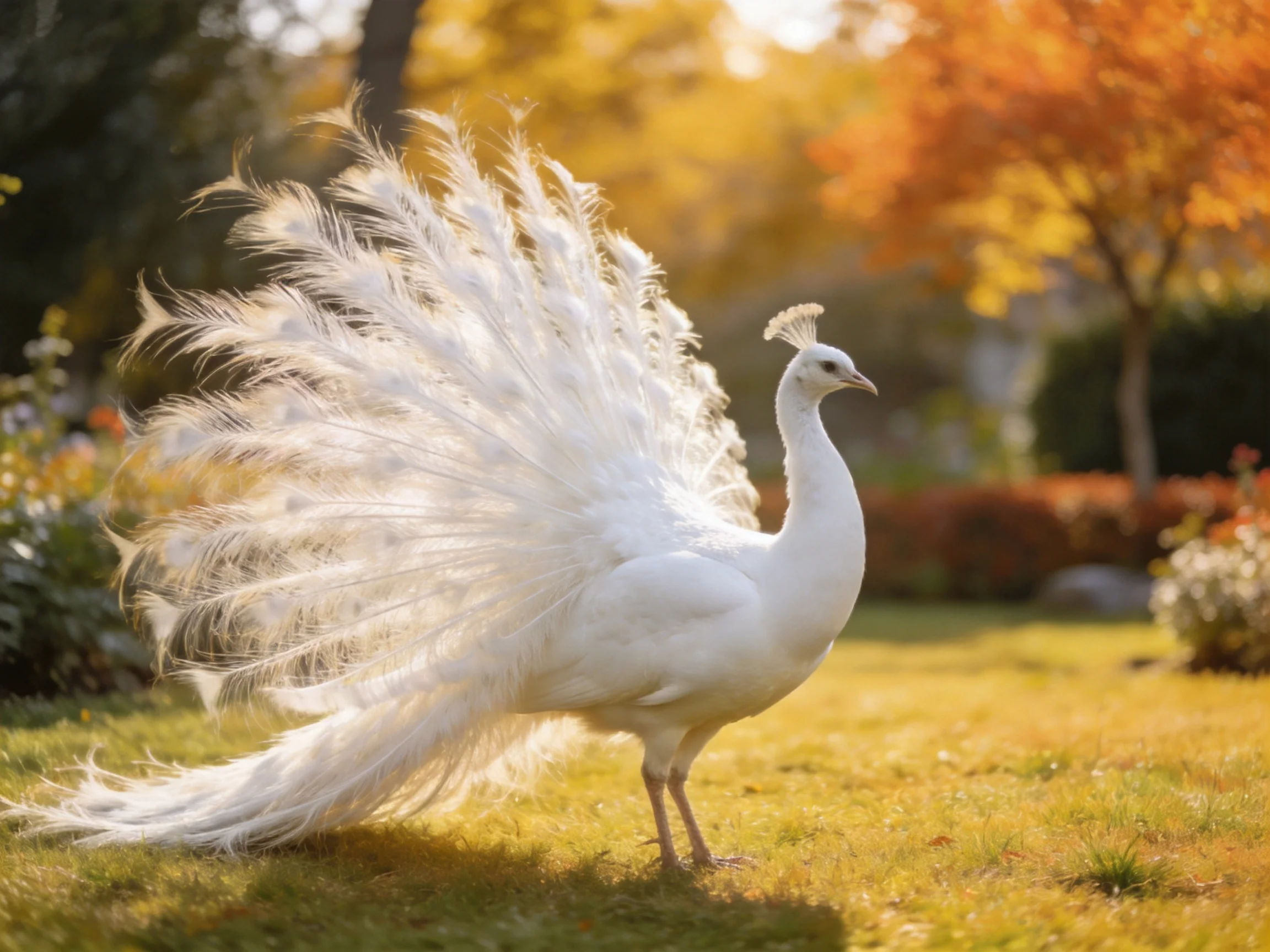 A white peacock fans out its feathers in a sunlit garden