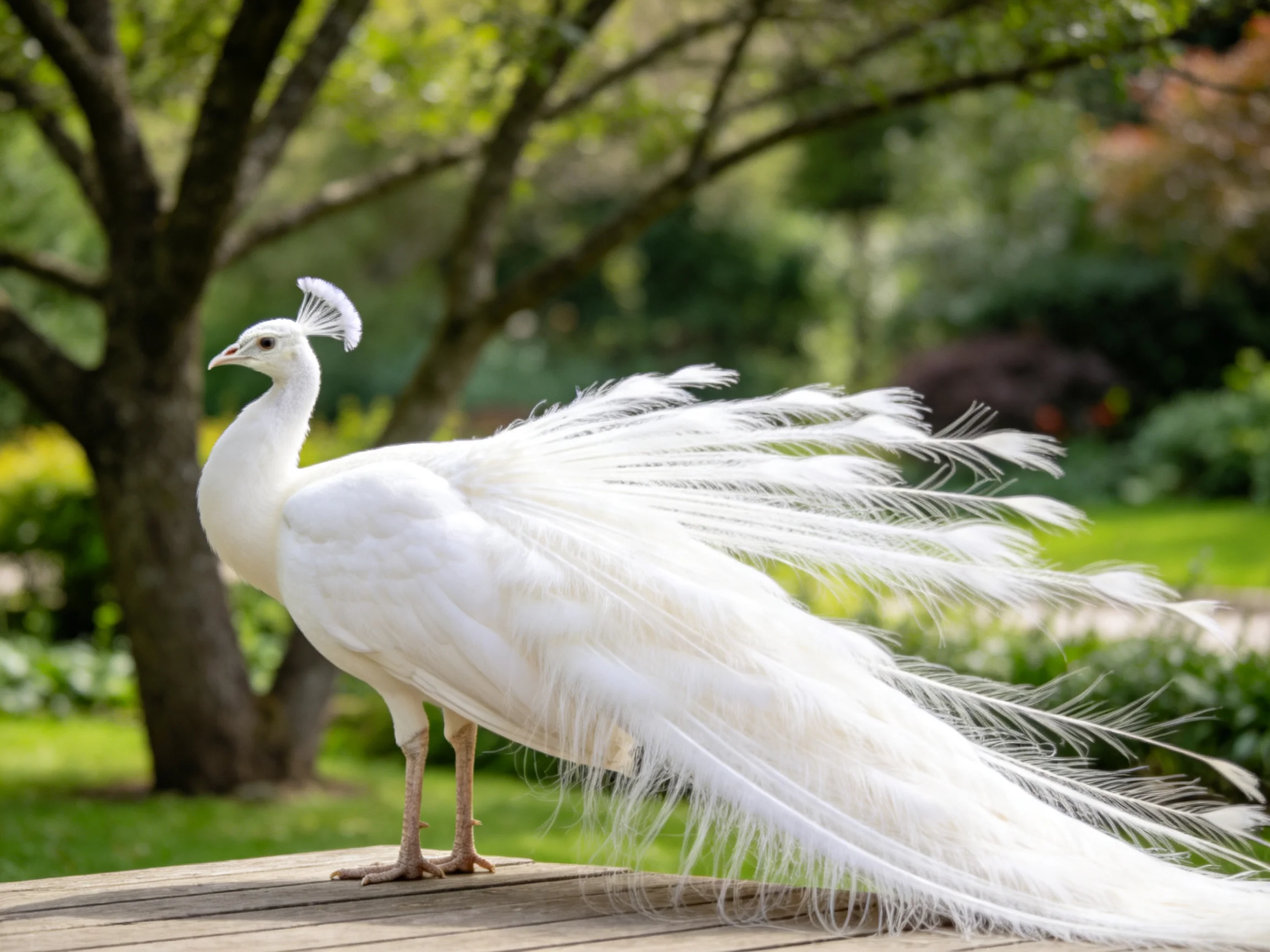 A white peacock showcases its elaborate tail feathers amidst greenery.