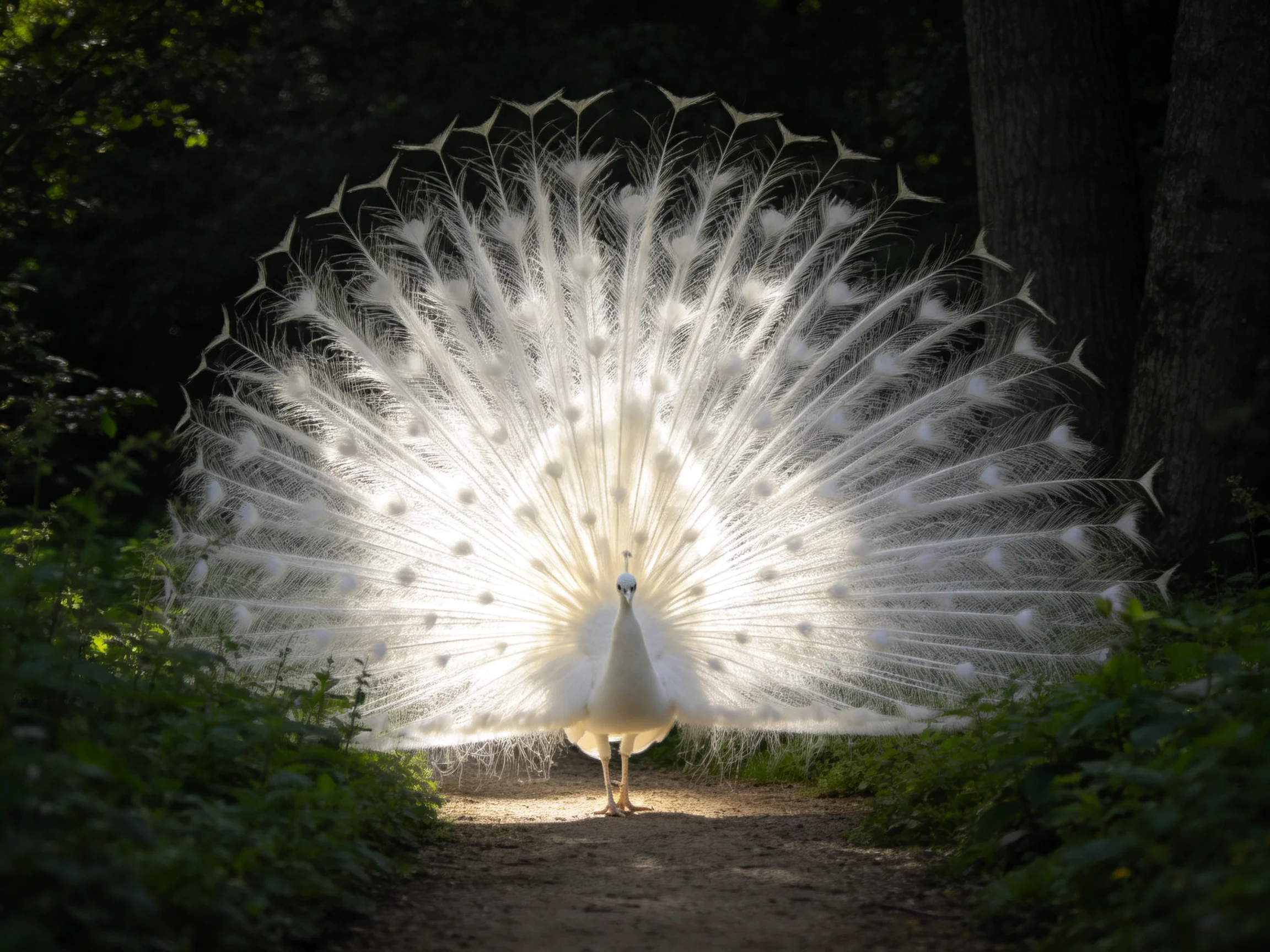 A white peacock spreads its elaborate tail feathers along a forest path