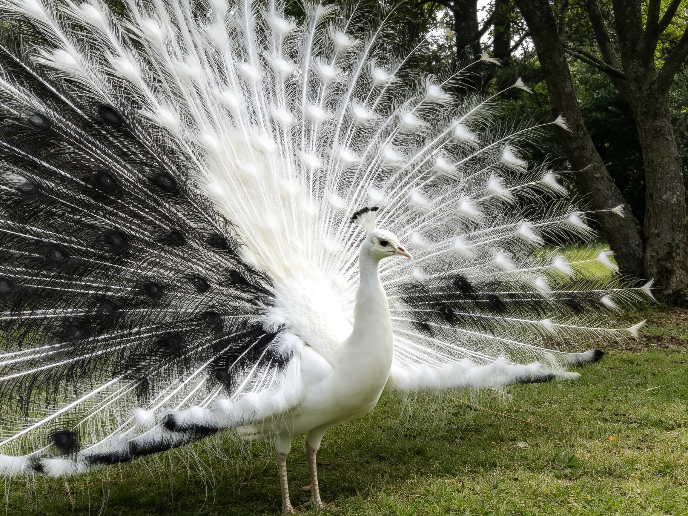 A white peacock spreads large black-and-white tail feathers outdoors