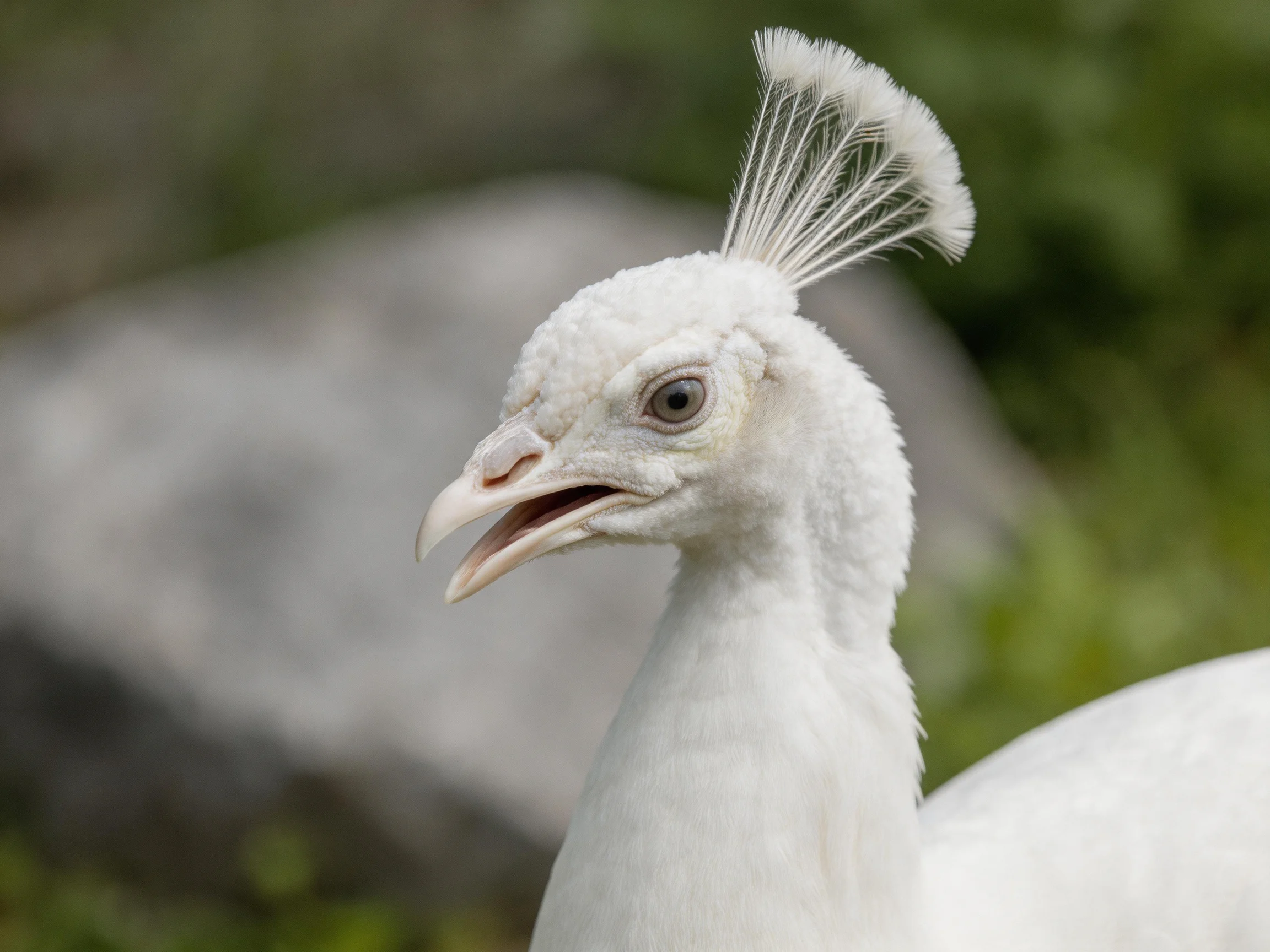 A white peacock with a distinctive feathered crown