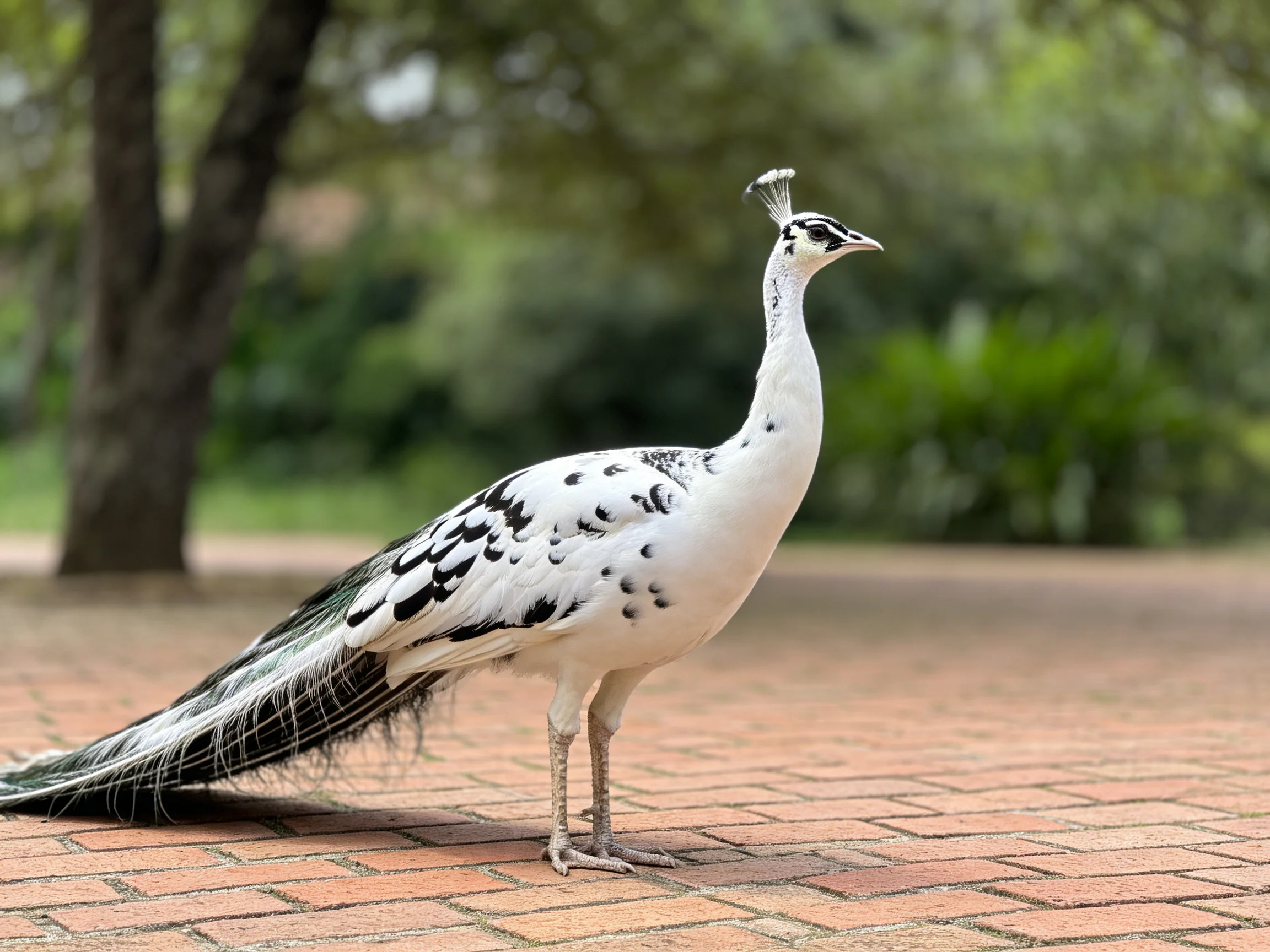 A white peacock with black markings stands on brick pavement