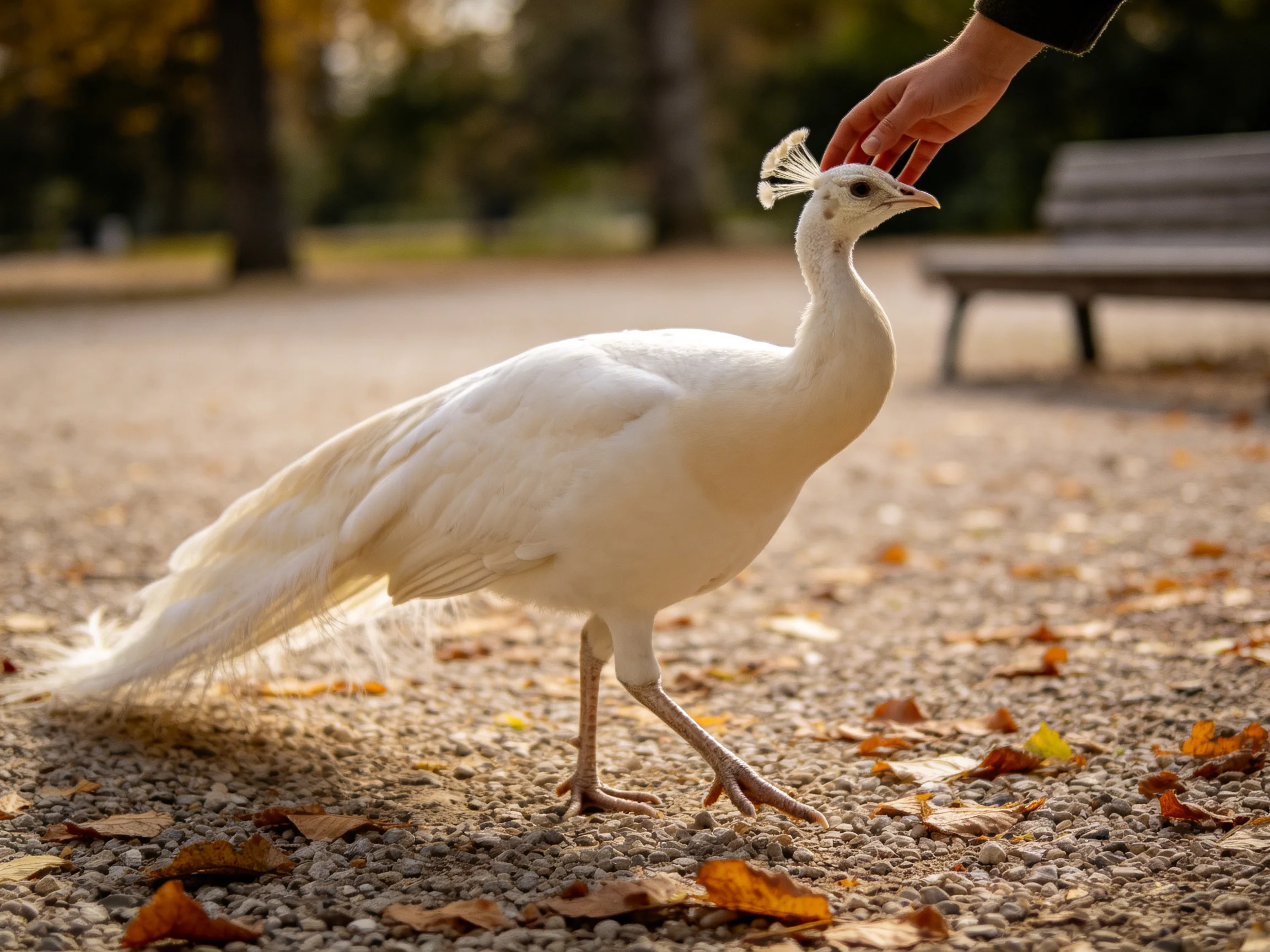 A white peacock with long tail on gravel path, hand petting