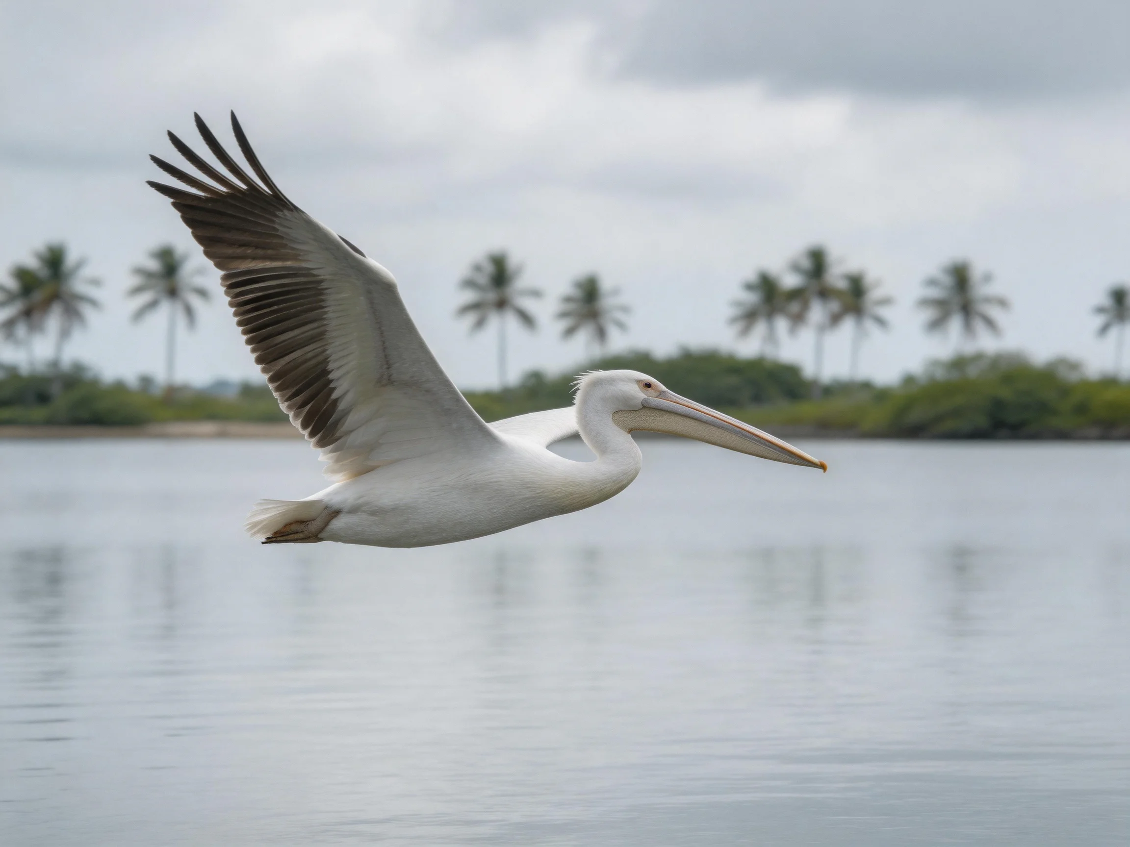 A white pelican flies over calm water with palm trees in the distance