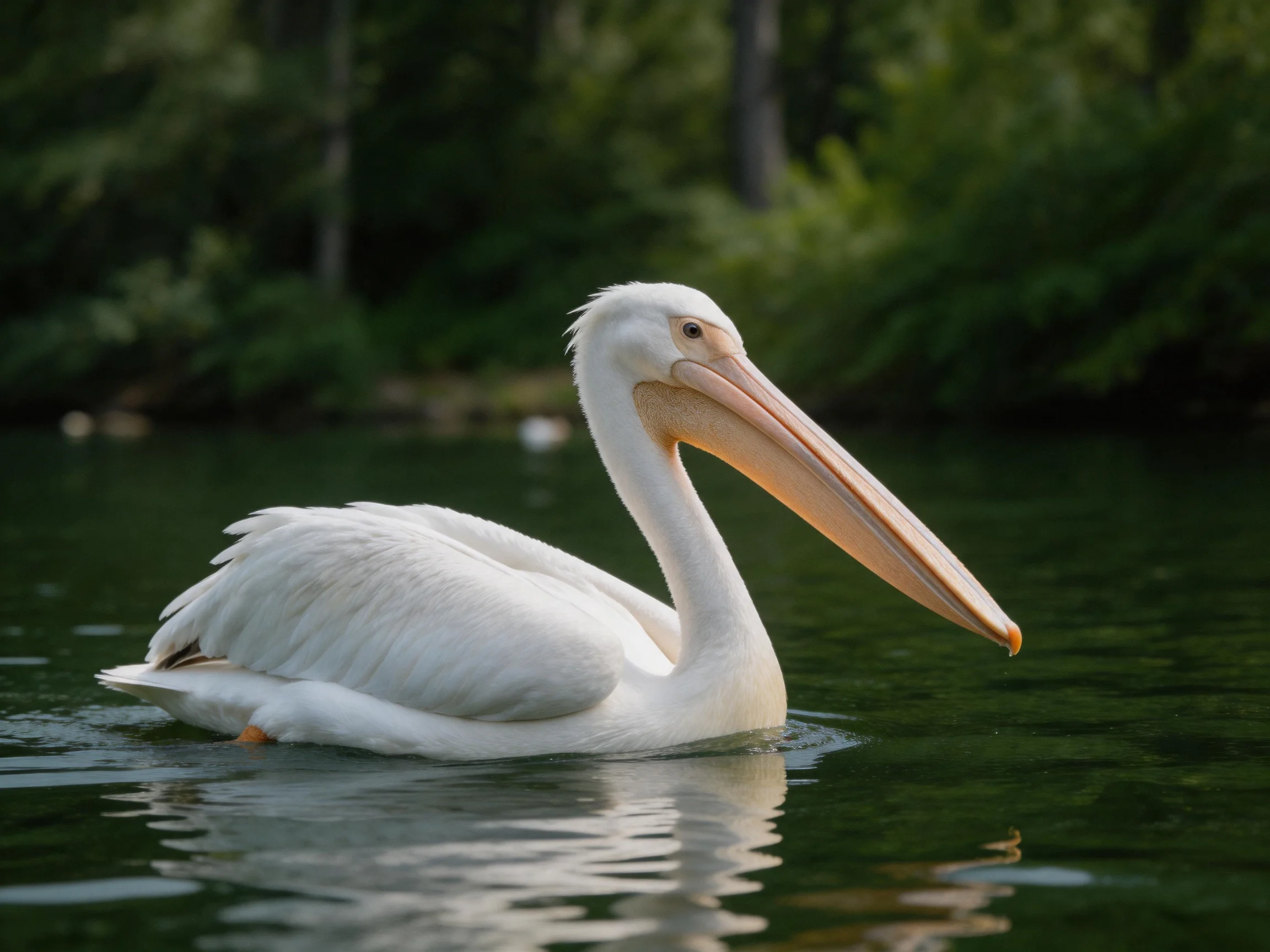 A white pelican floats on calm green water amid lush vegetation