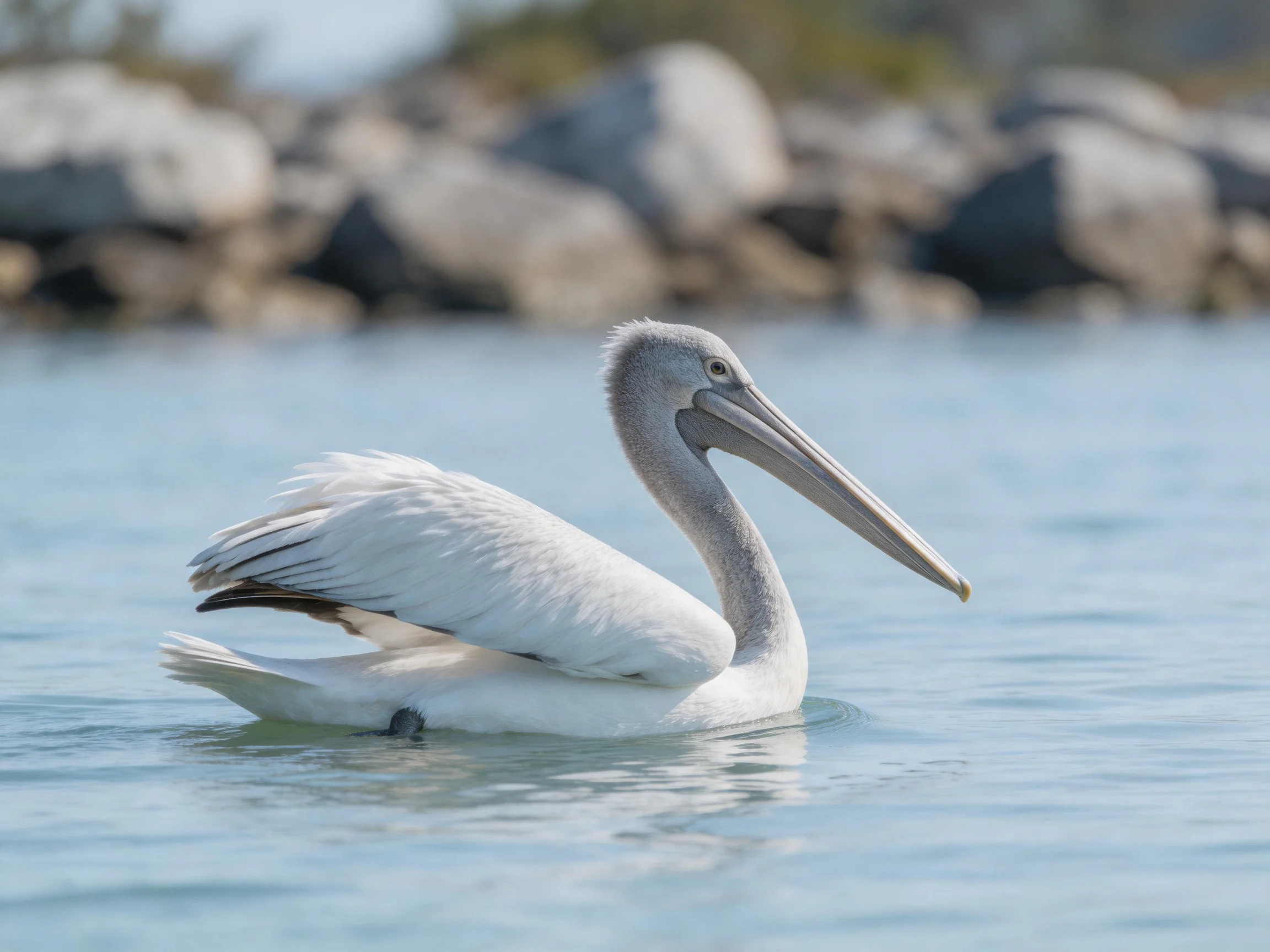A white pelican glides on calm blue water near rocky shore.