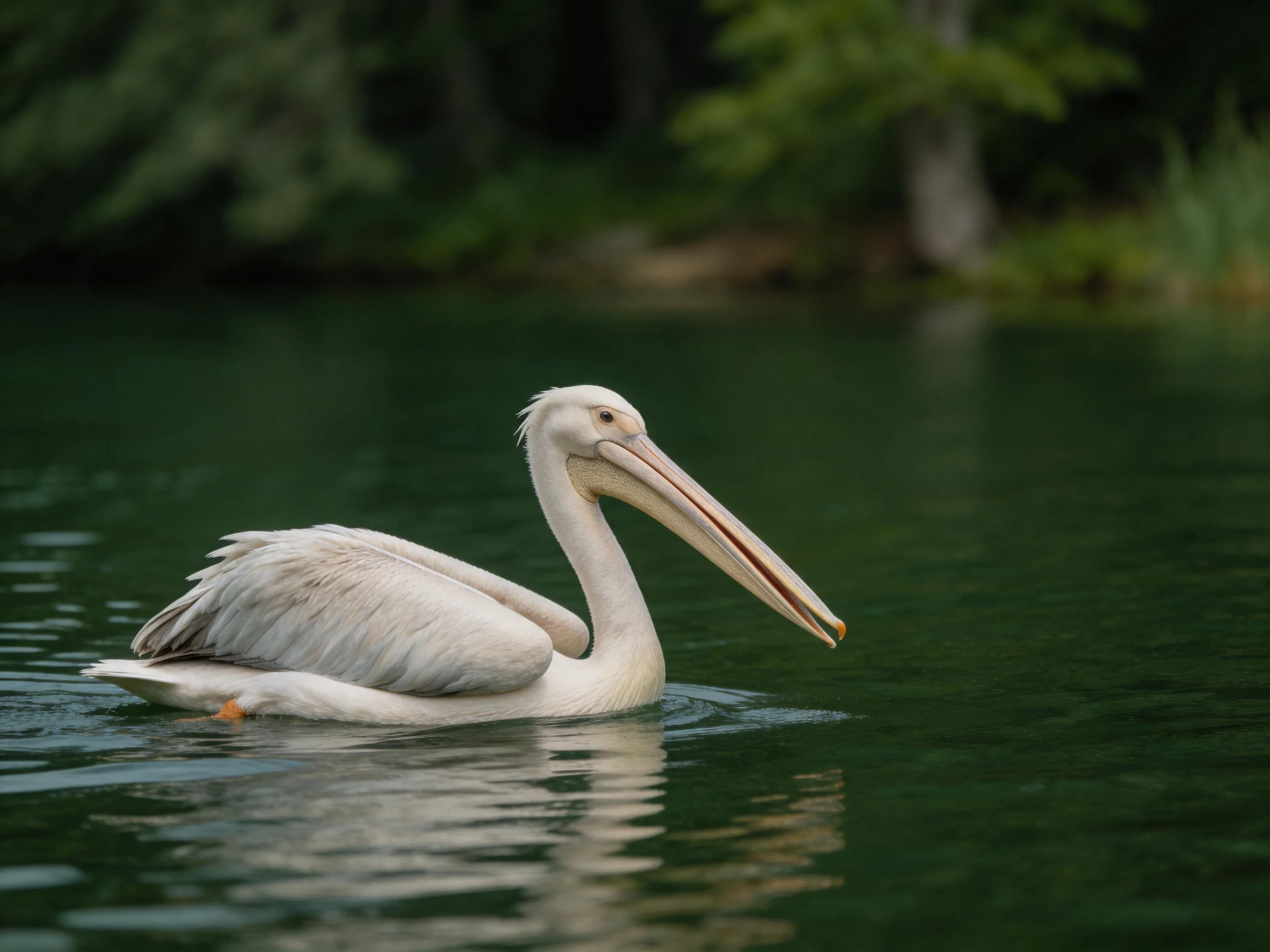 A white pelican glides through calm green water near lush trees