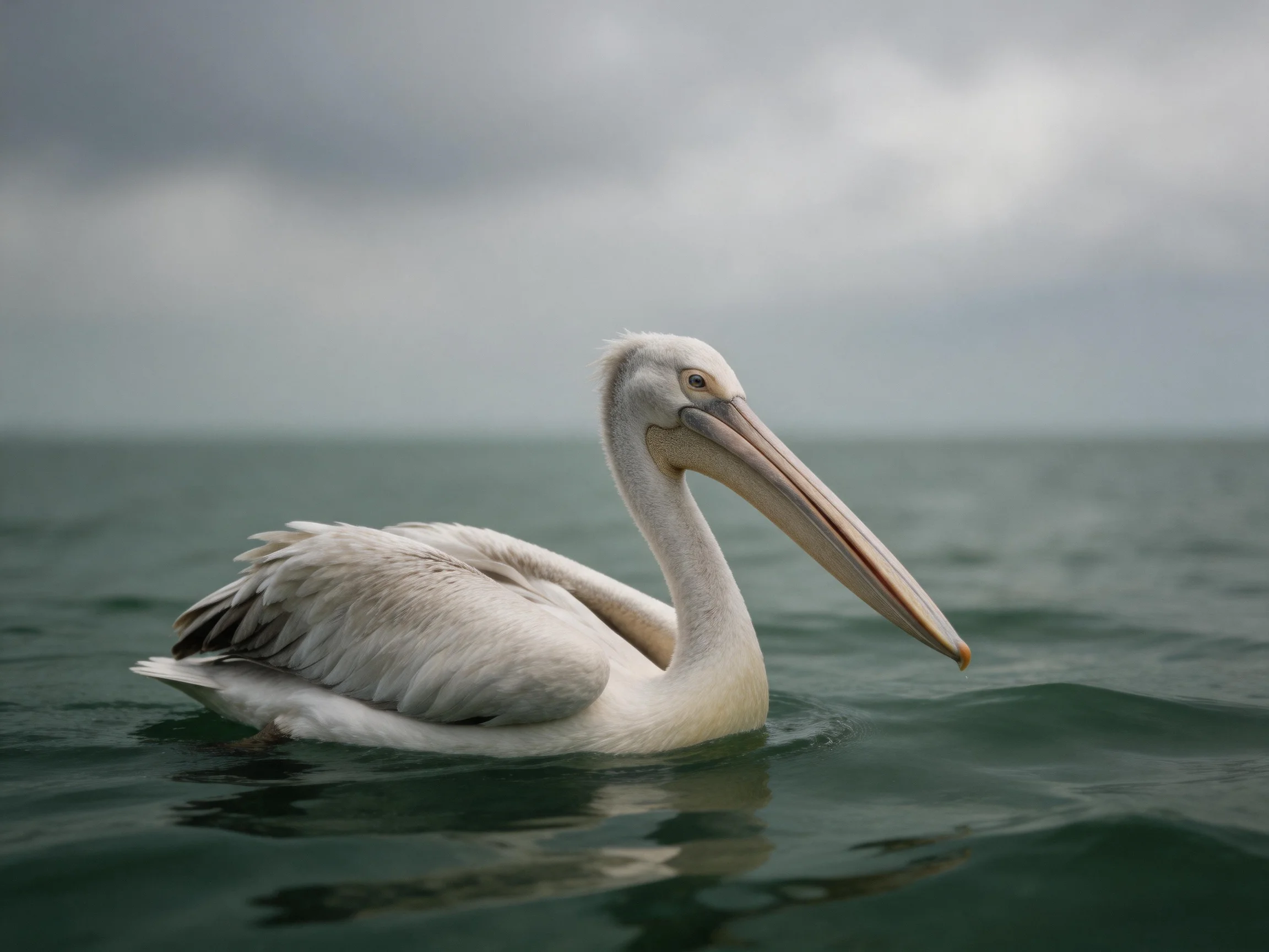 A white pelican glides through calm greenish-blue waters under a cloudy sky
