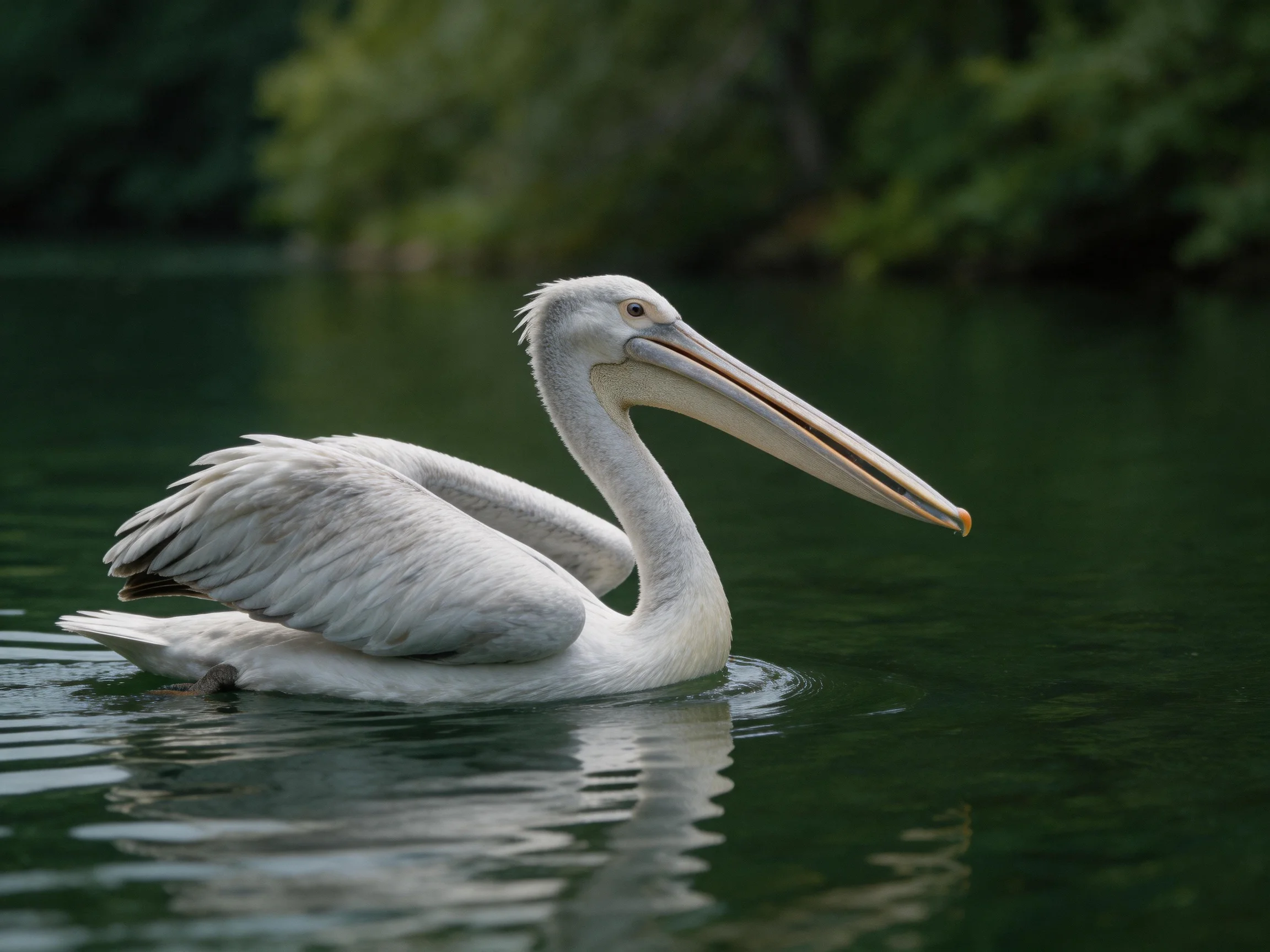 A white pelican gliding on calm green water