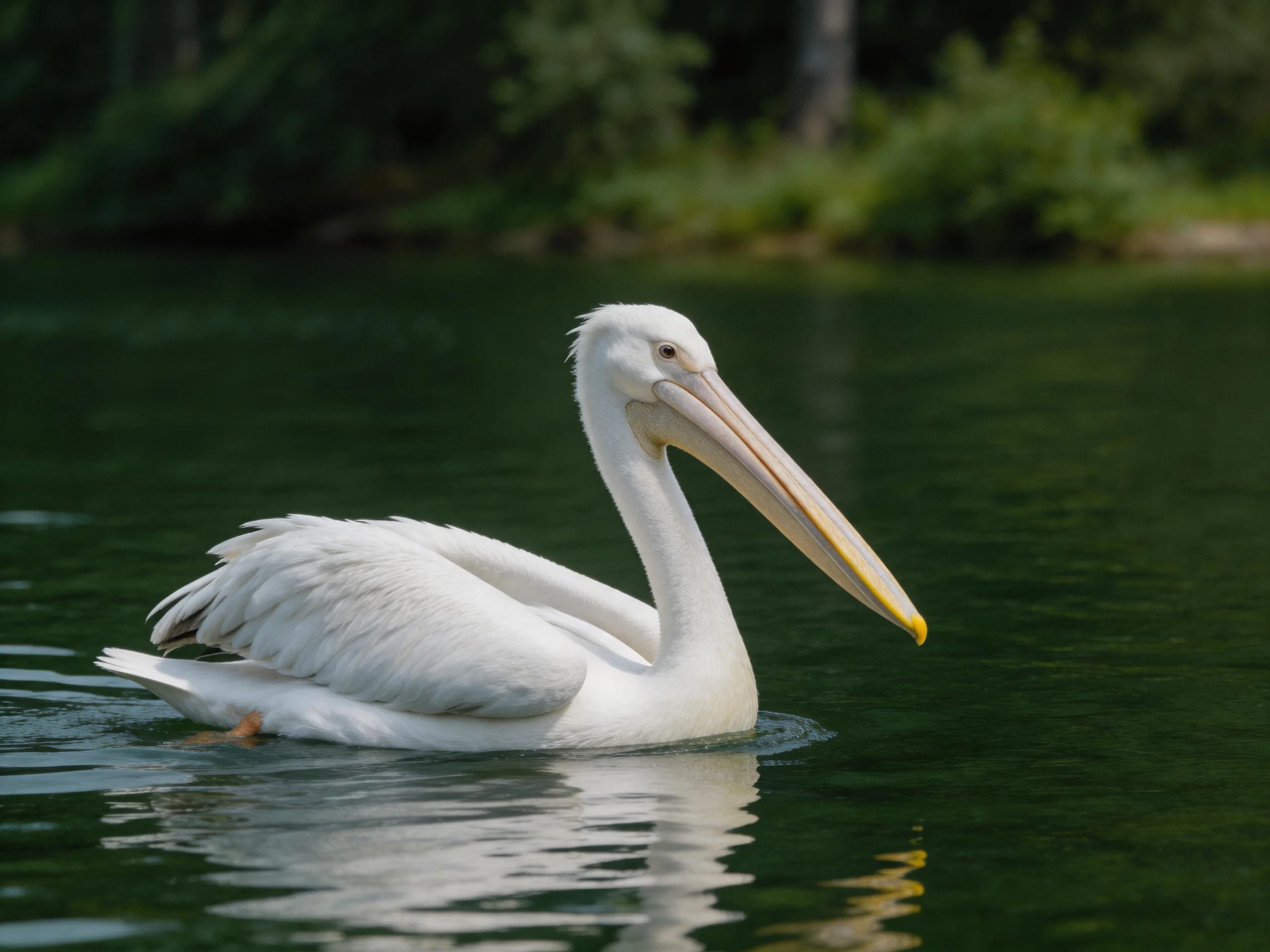 A white pelican gliding on calm green water