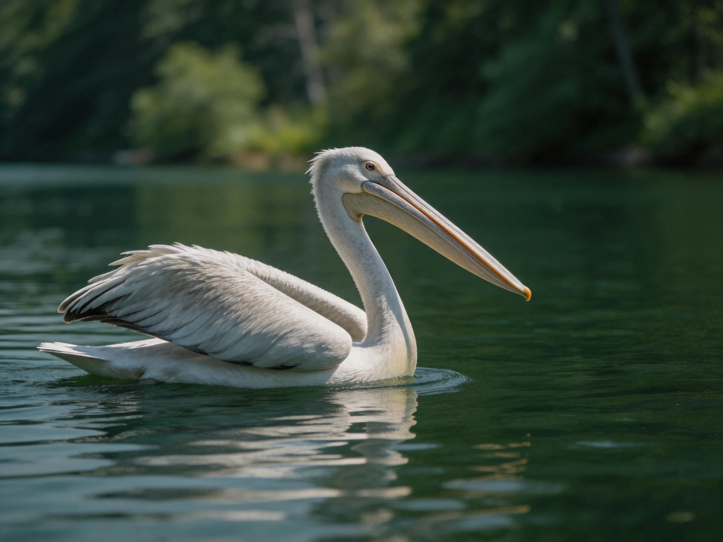 A white pelican gliding on calm green water near forested area
