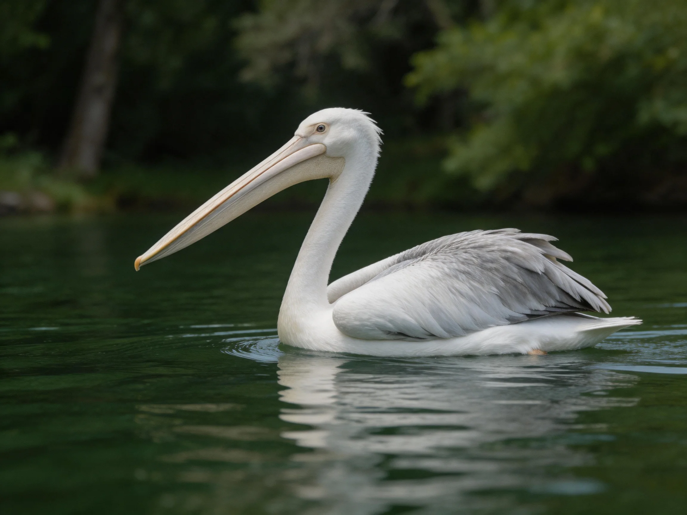 A white pelican gliding on calm green water near lush trees