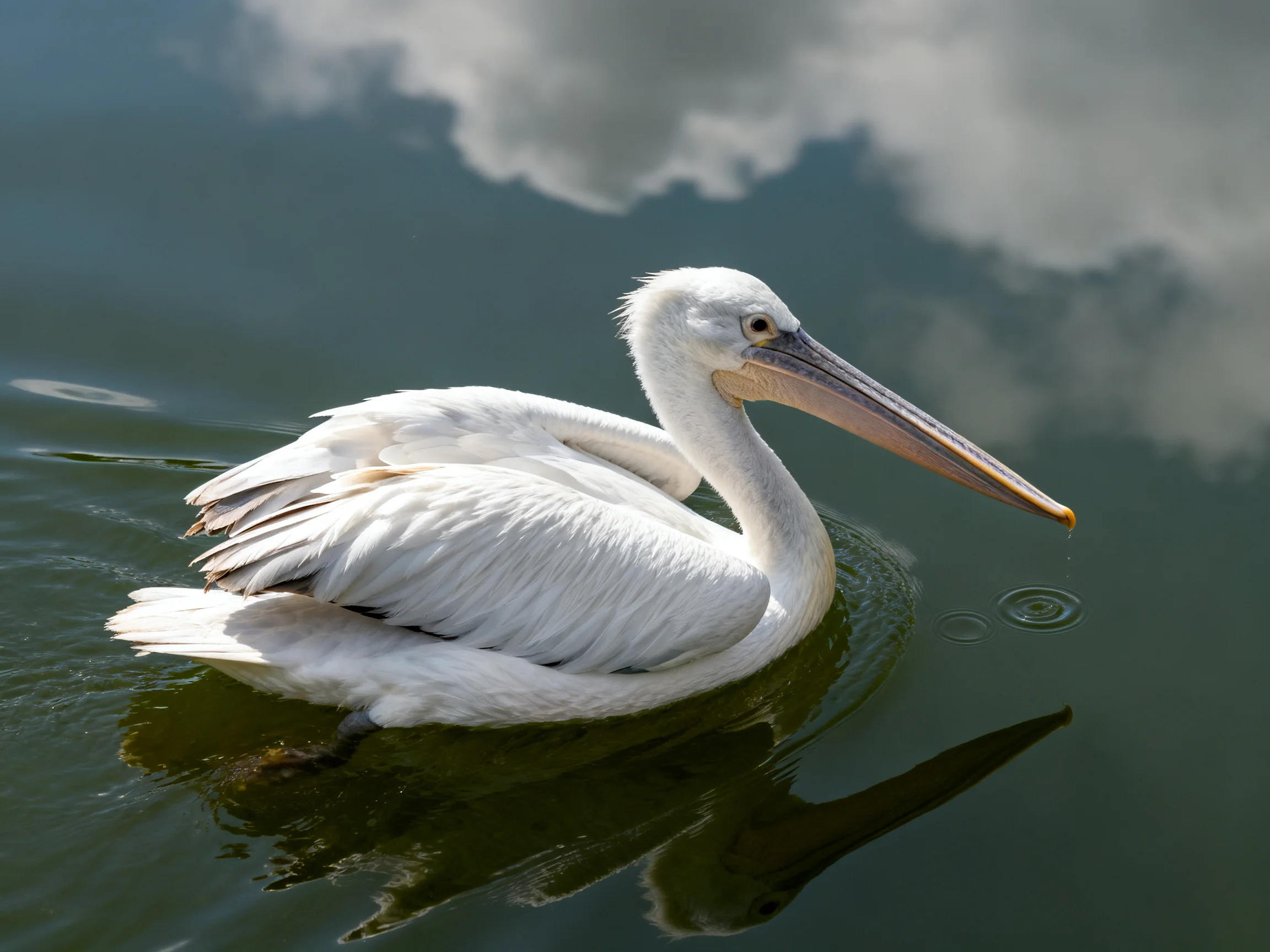 A white pelican gliding on calm greenish water