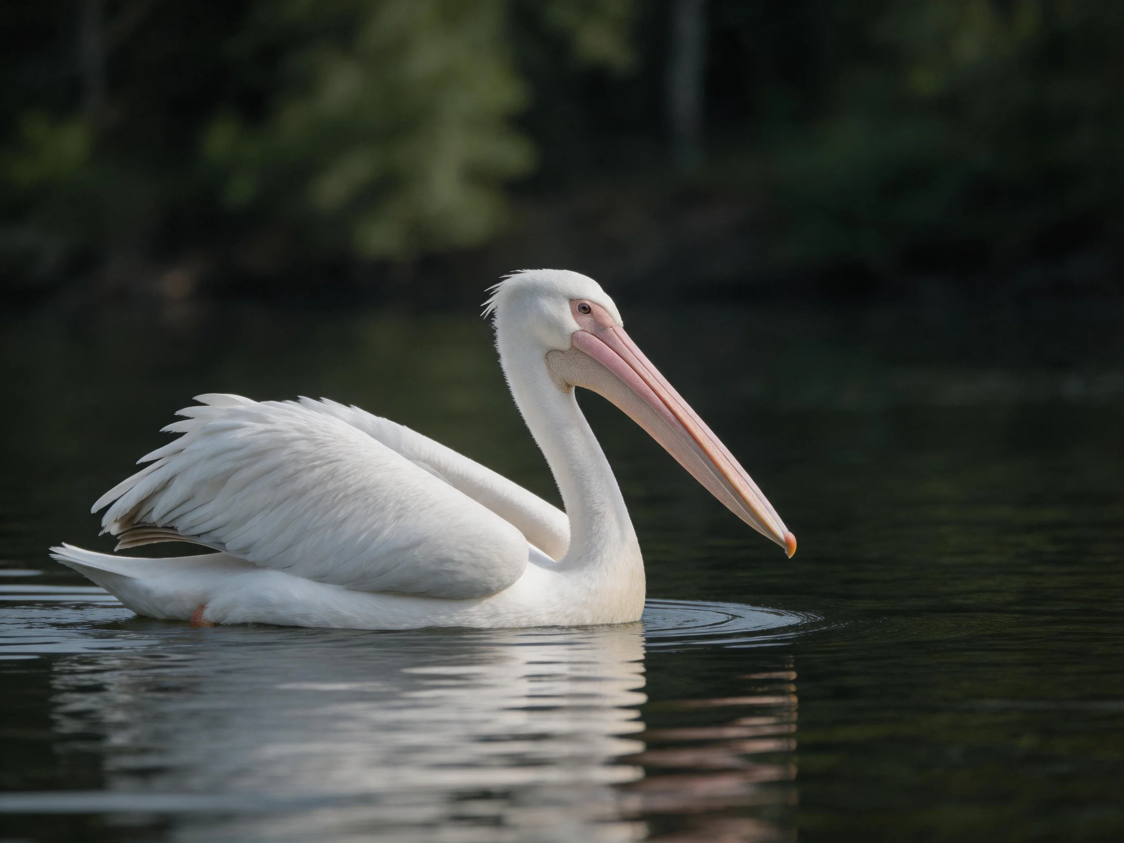 A white pelican gliding on calm water near dark green foliage