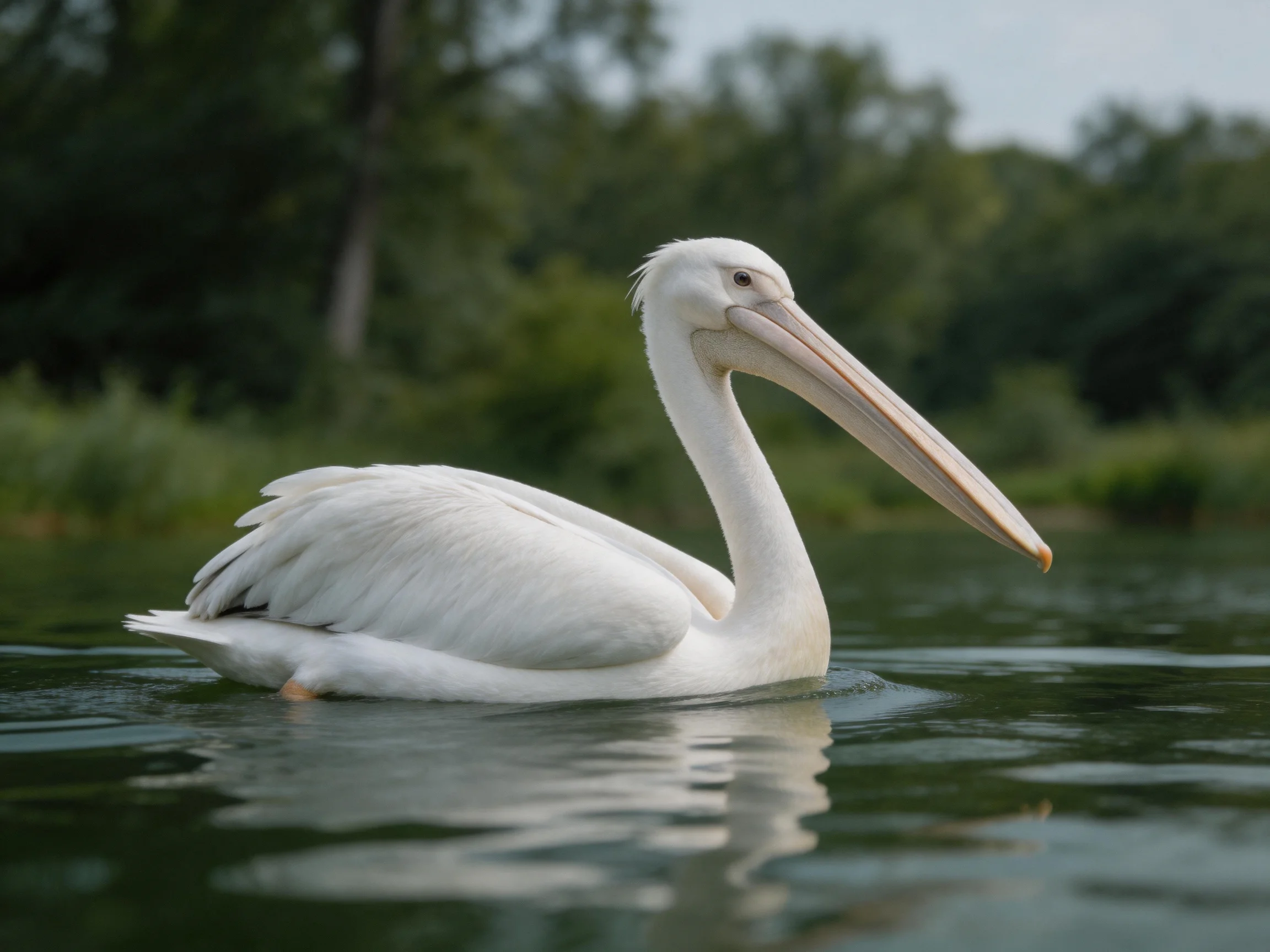 A white pelican gliding on calm water near lush greenery