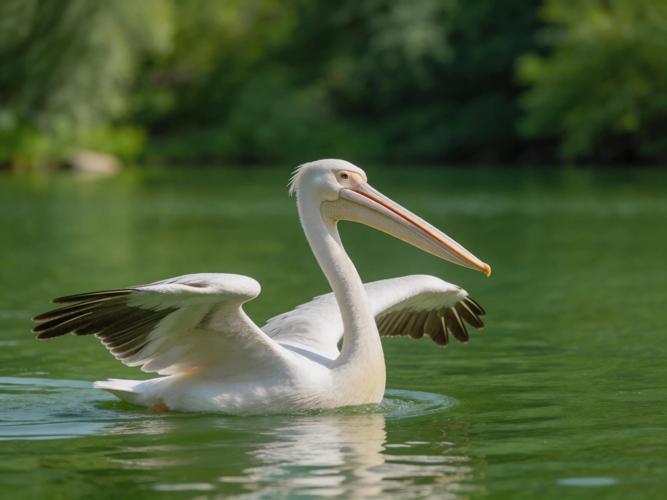 A white pelican gliding over calm green water