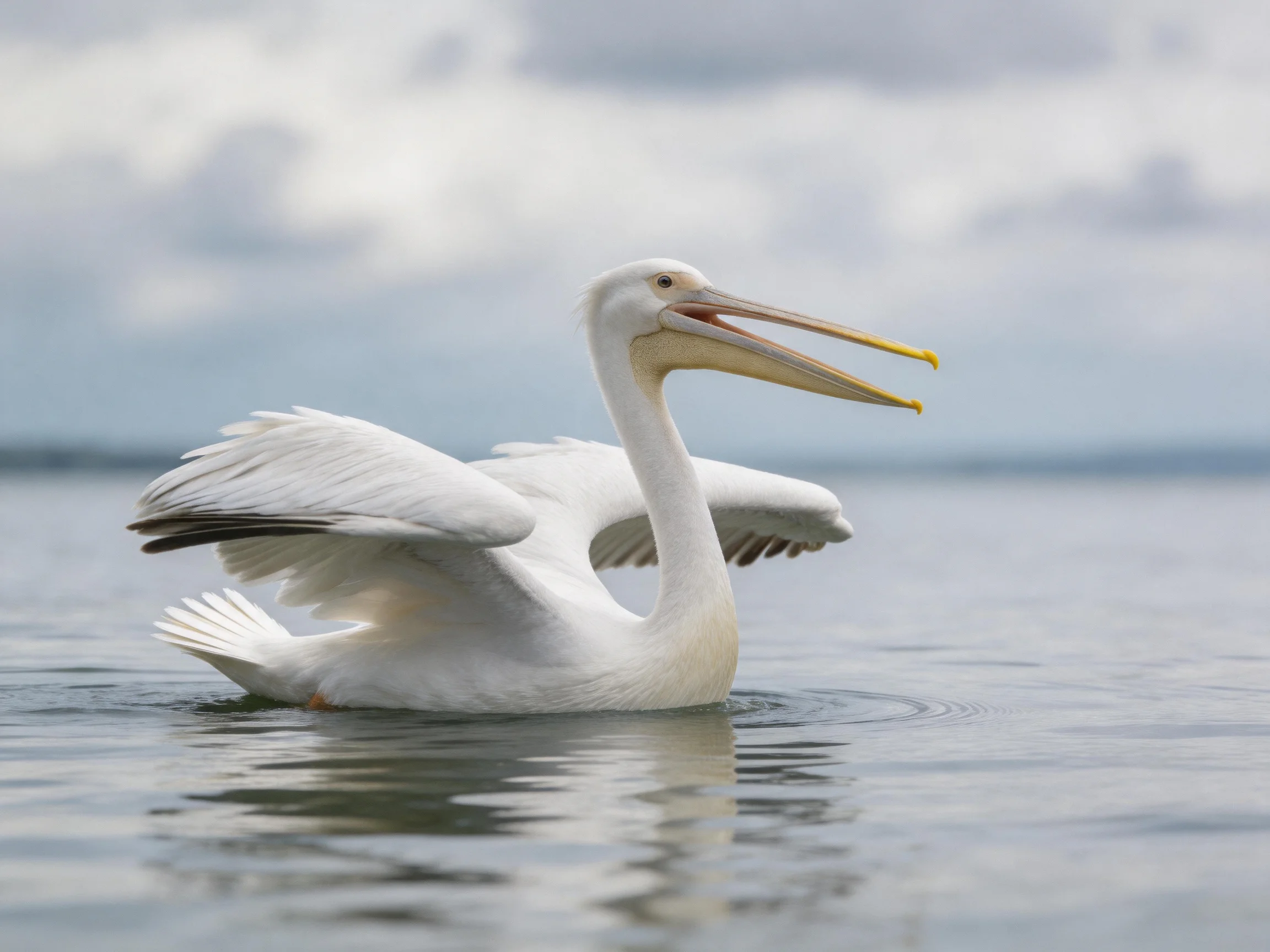 A white pelican gliding over calm water