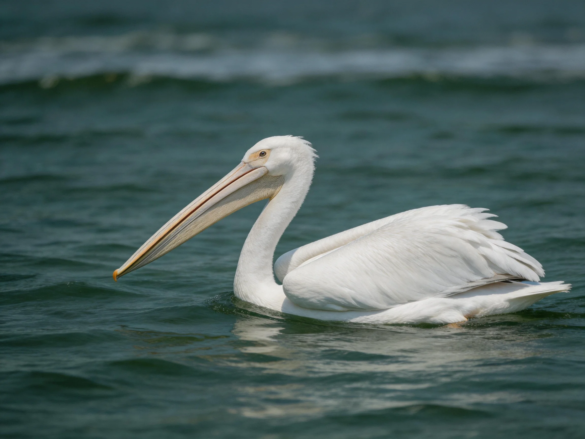A white pelican gliding through calm blue-green waters