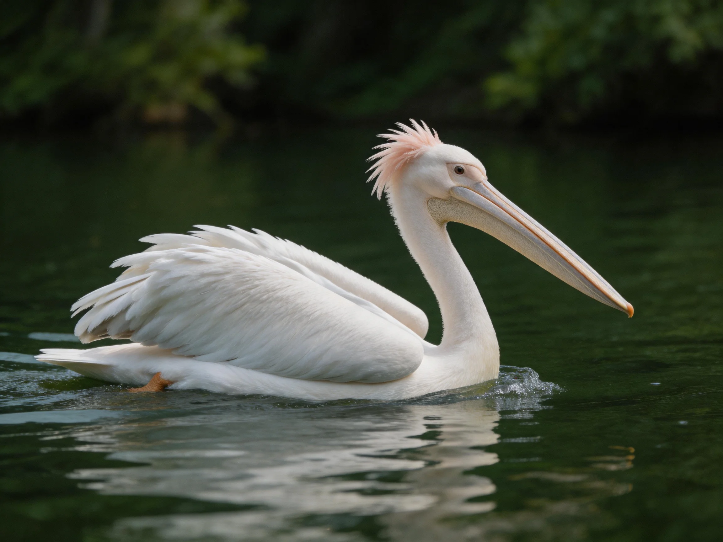 A white pelican gliding through calm, dark green water