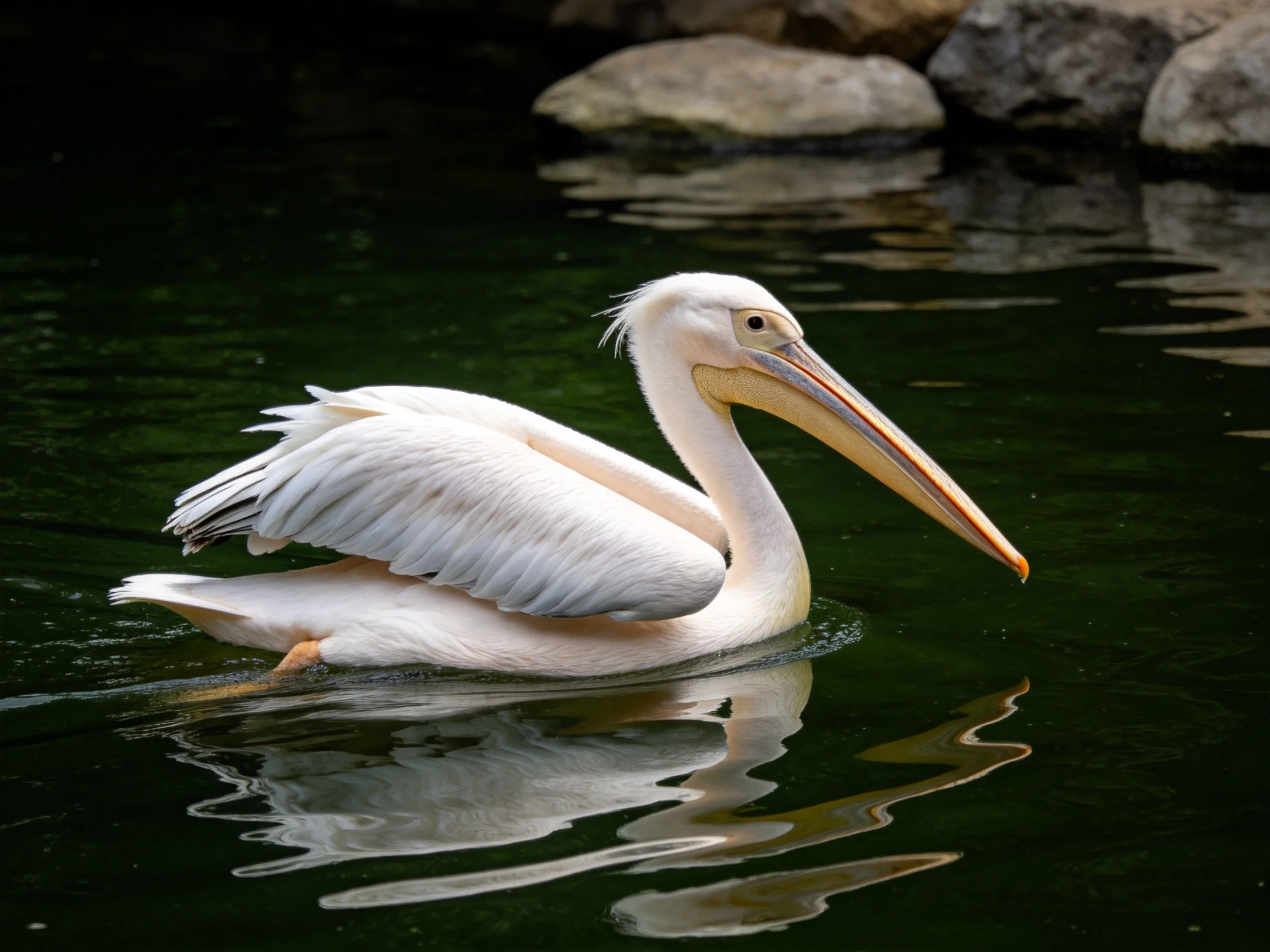A white pelican gliding through dark green water near rocks
