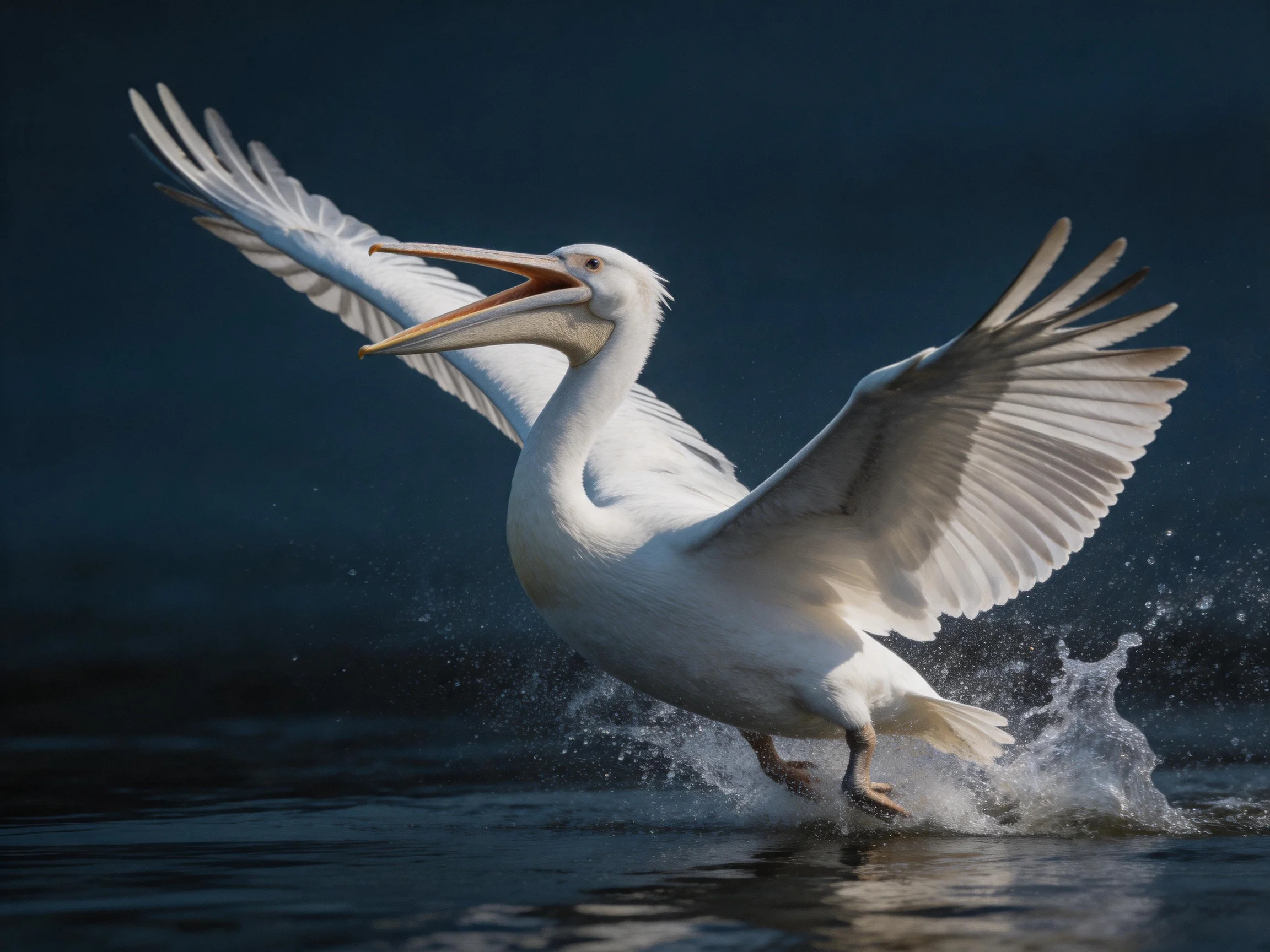 A white pelican takes flight from dark blue water.