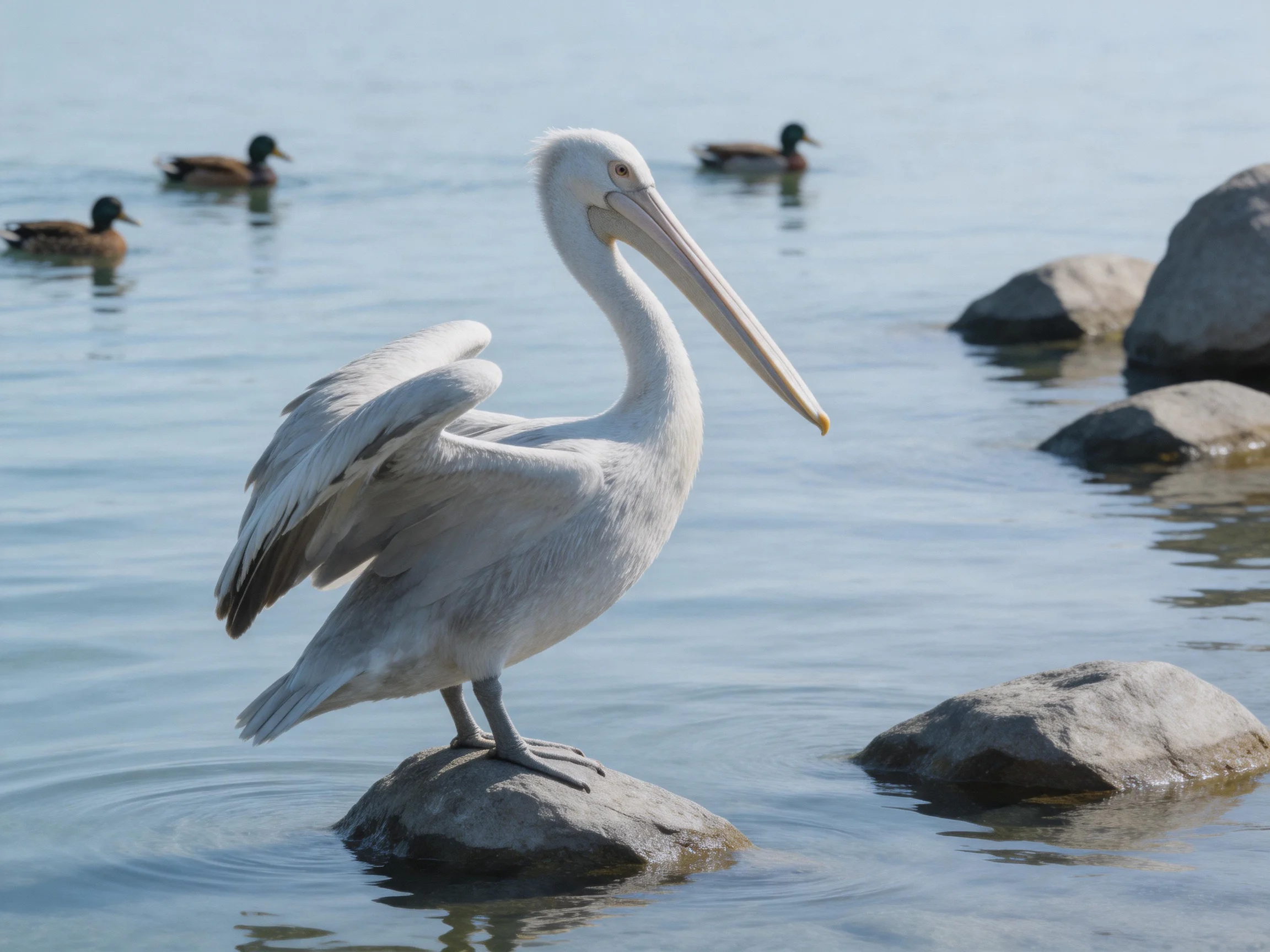 A white pelican perched on a rock near swimming ducks