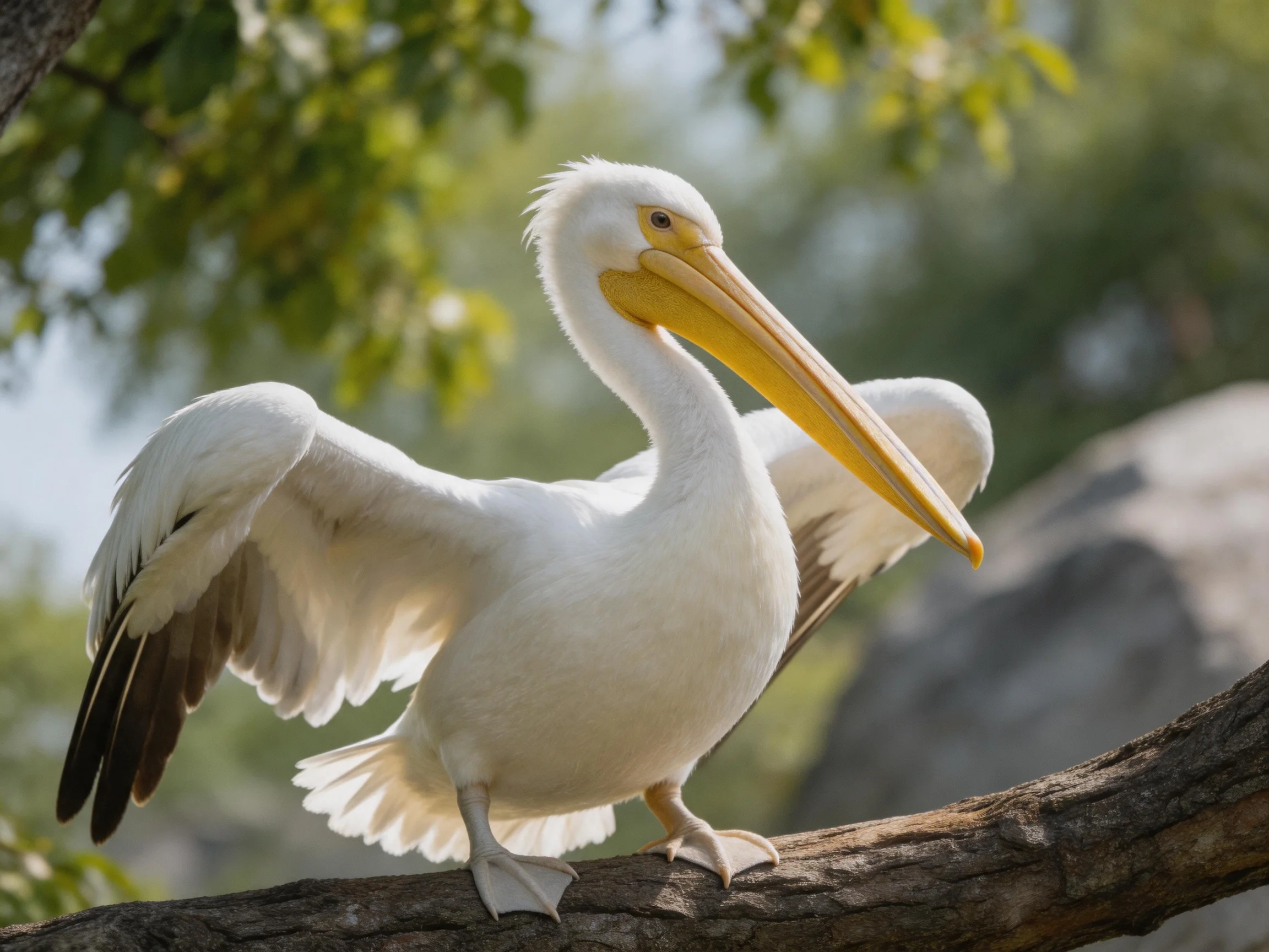 A white pelican perched on a tree branch with outstretched wings