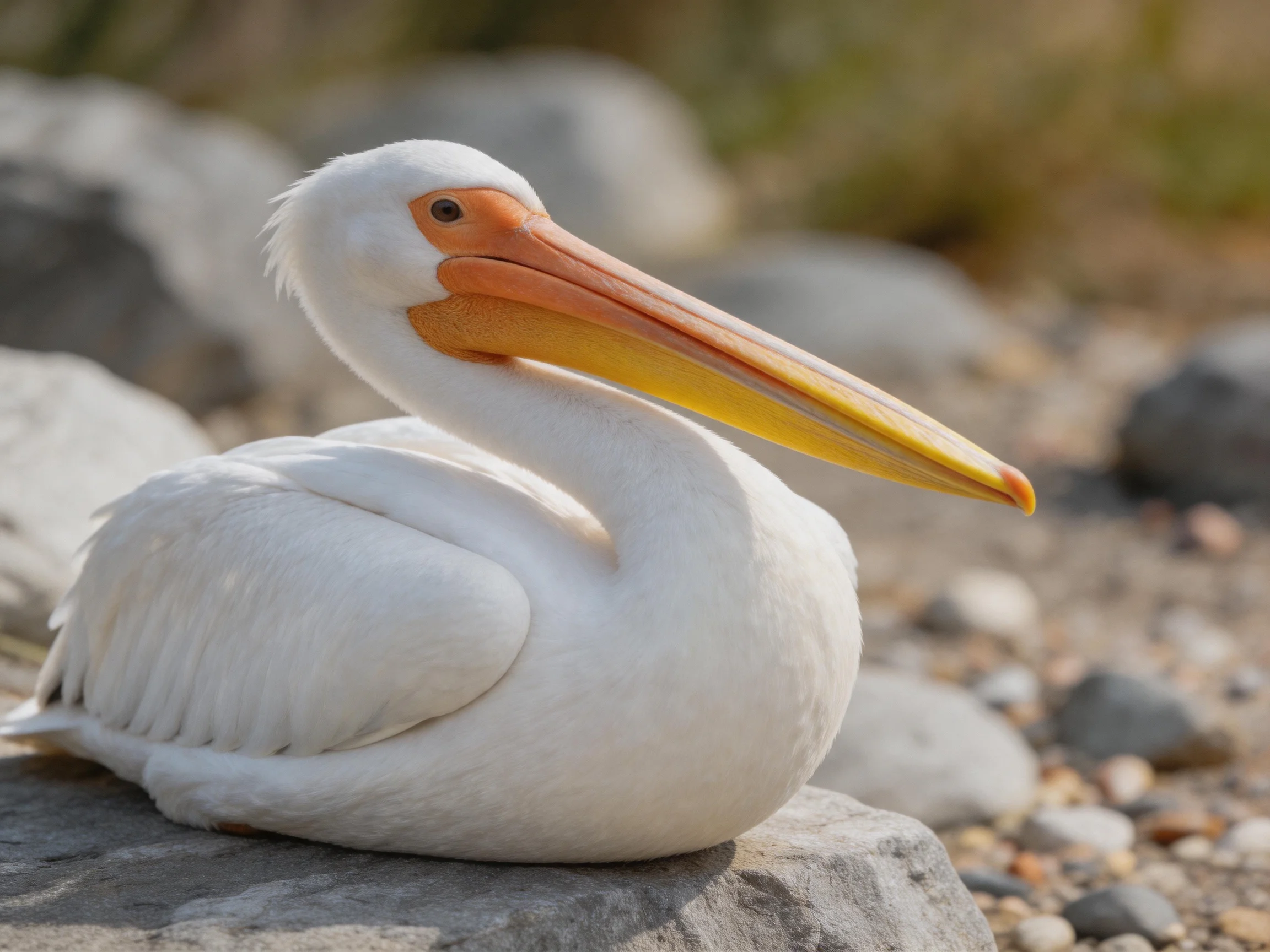 A white pelican rests on gray rocks with an orange-yellow beak
