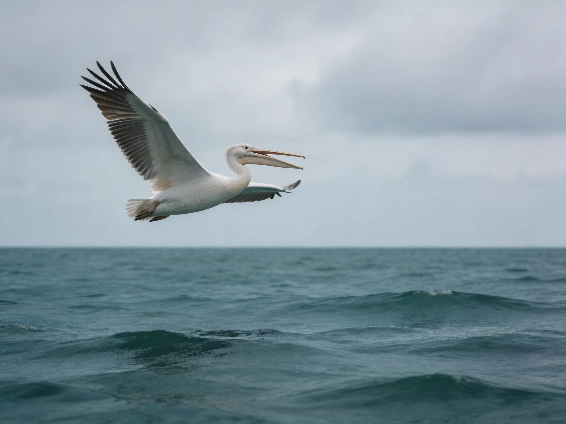 A white pelican soars above calm blue waters under an overcast sky