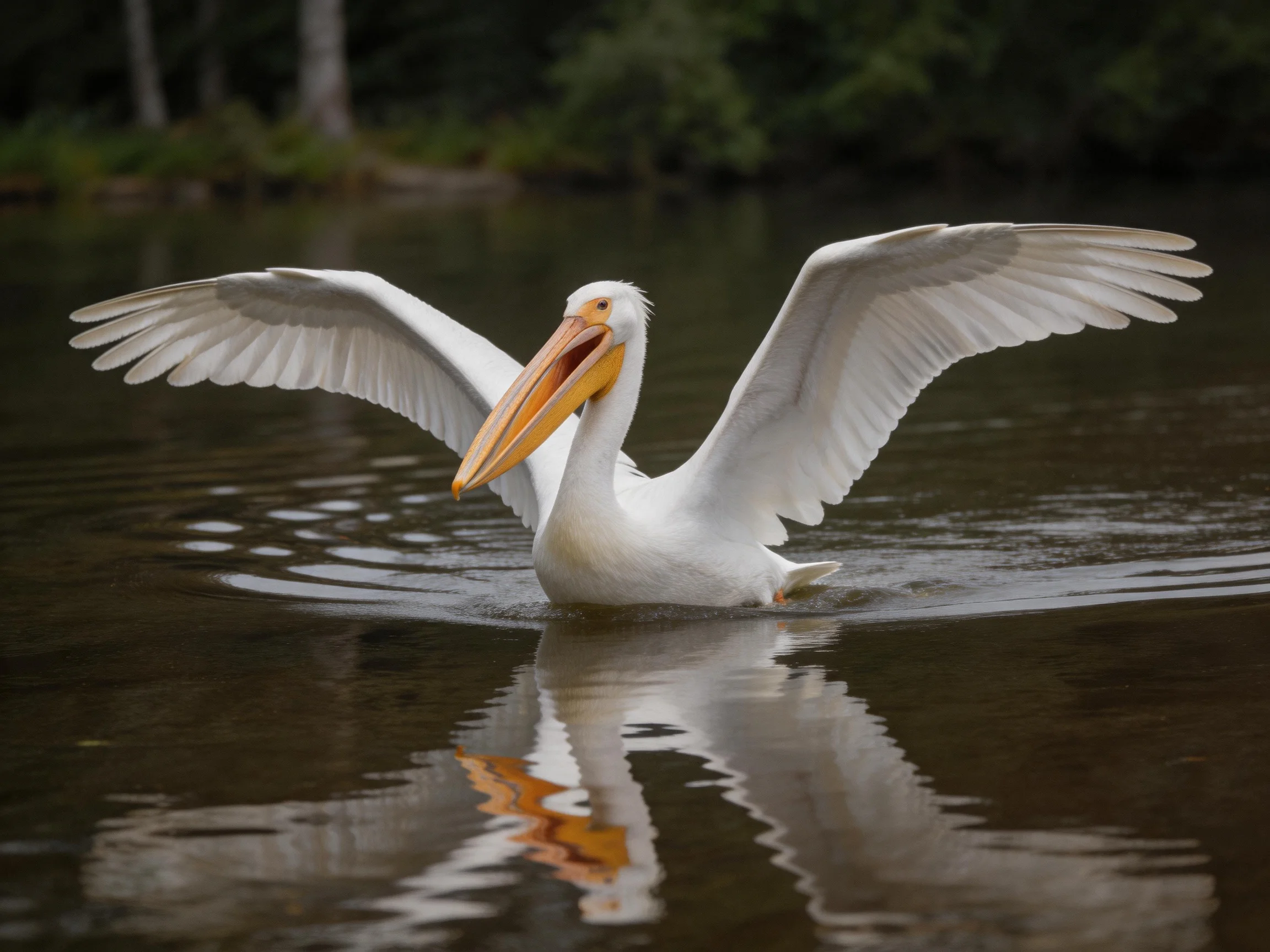 A white pelican spreading wings in calm brown water