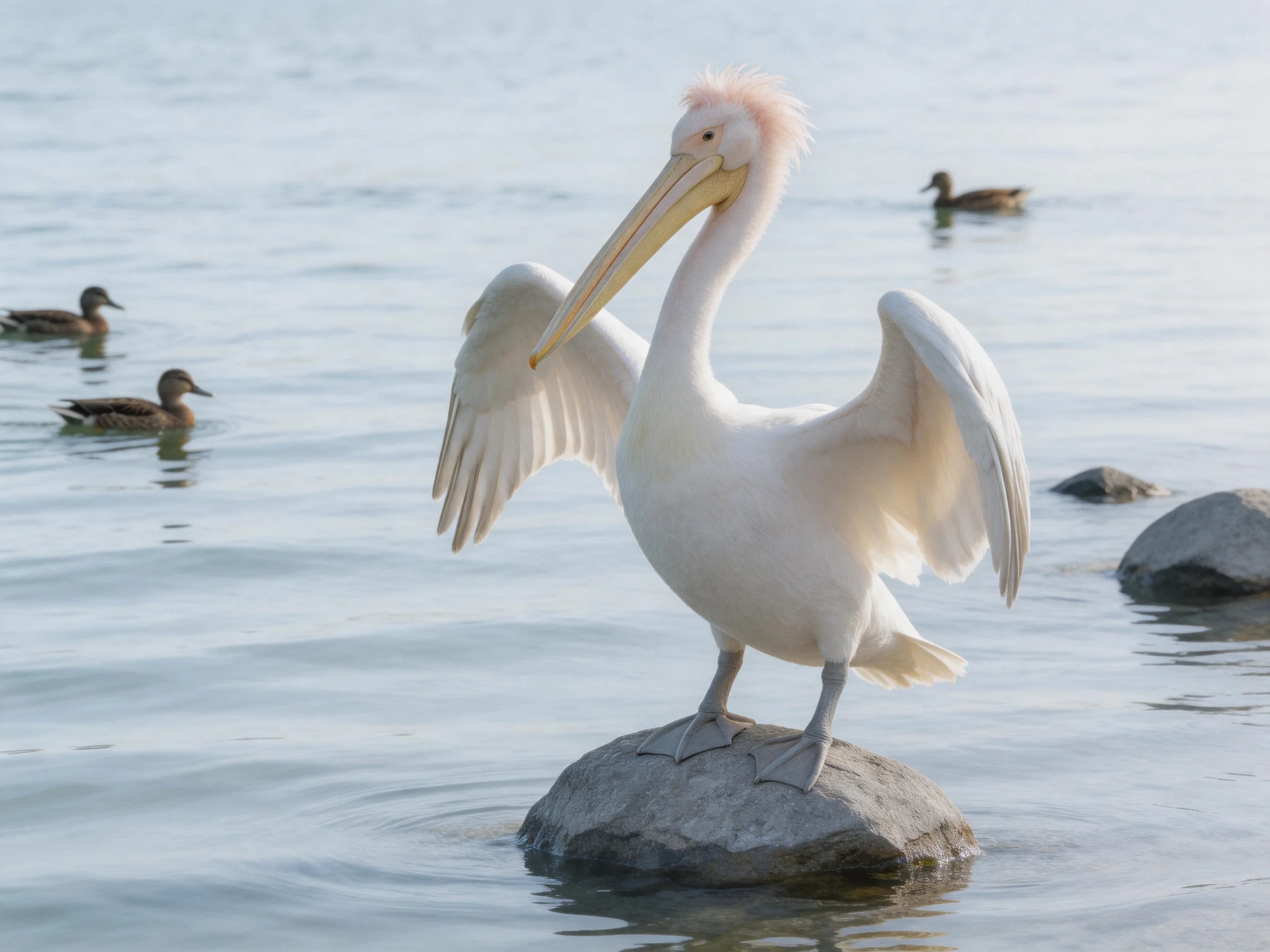 A white pelican spreading wings on a rock in calm water
