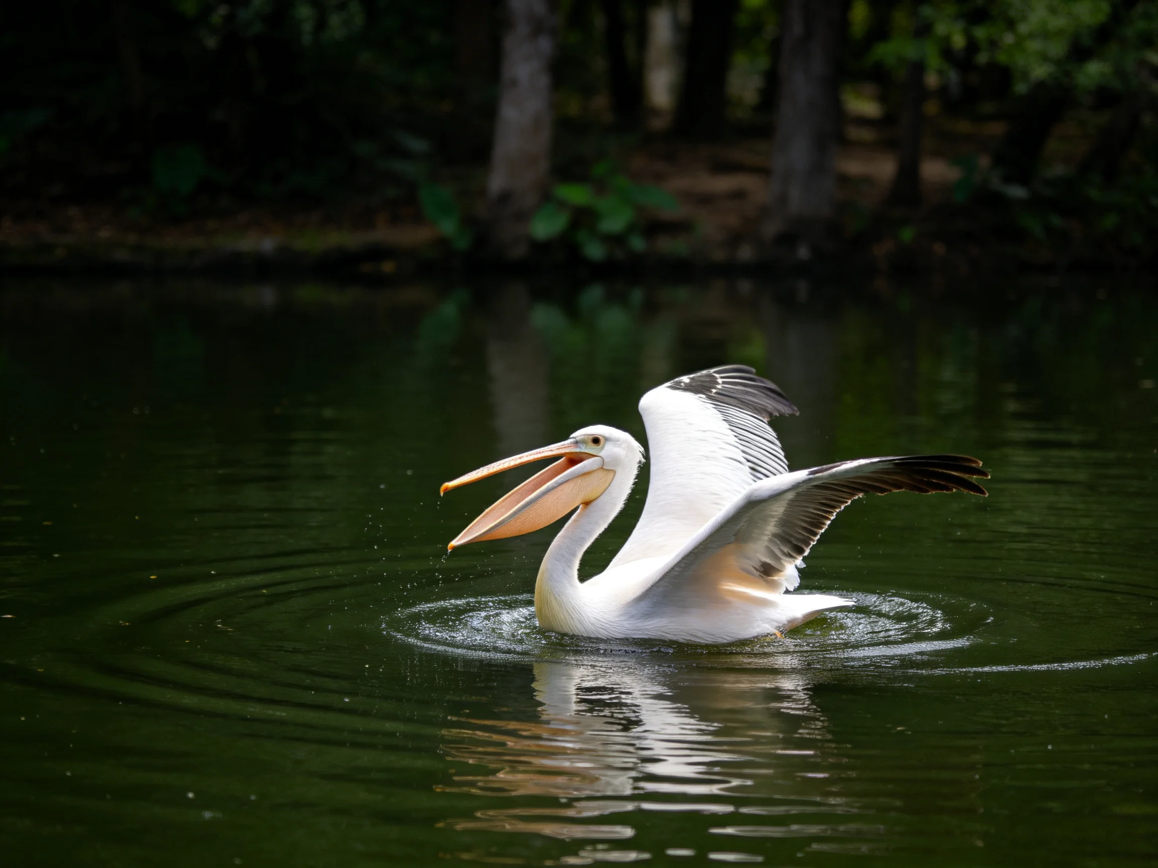 A white pelican spreading wings over calm green water