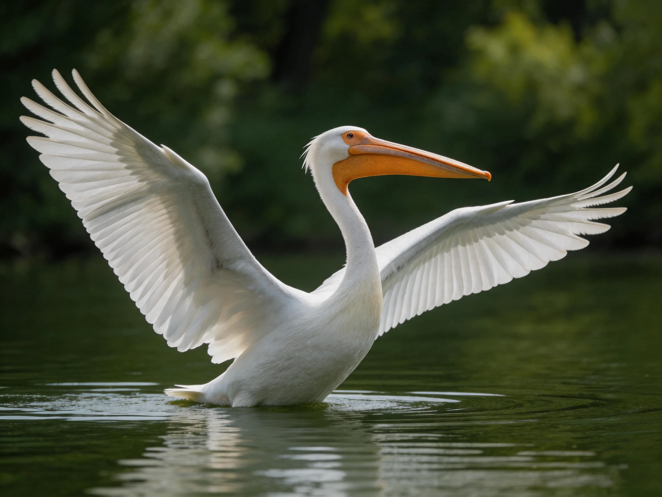 A white pelican spreading wings over calm water