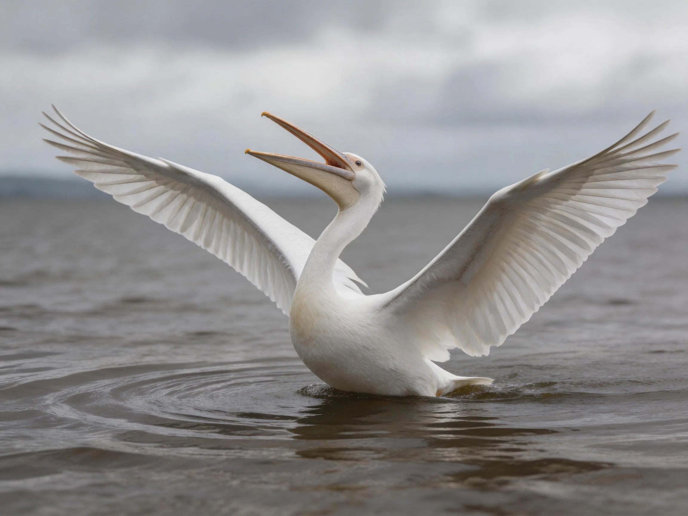A white pelican spreads wide wings in gray, calm water