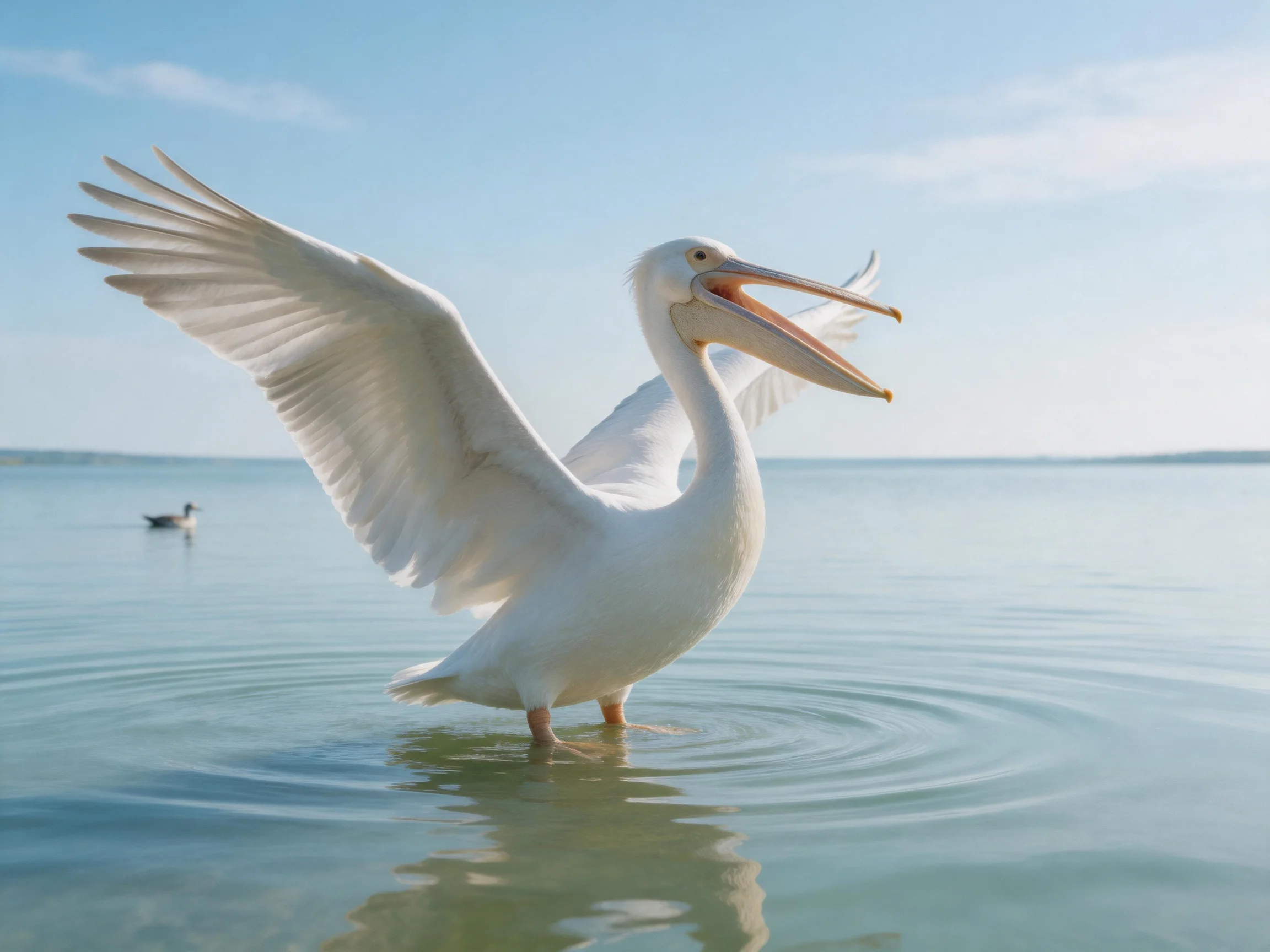 A white pelican spreads wings in calm blue waters