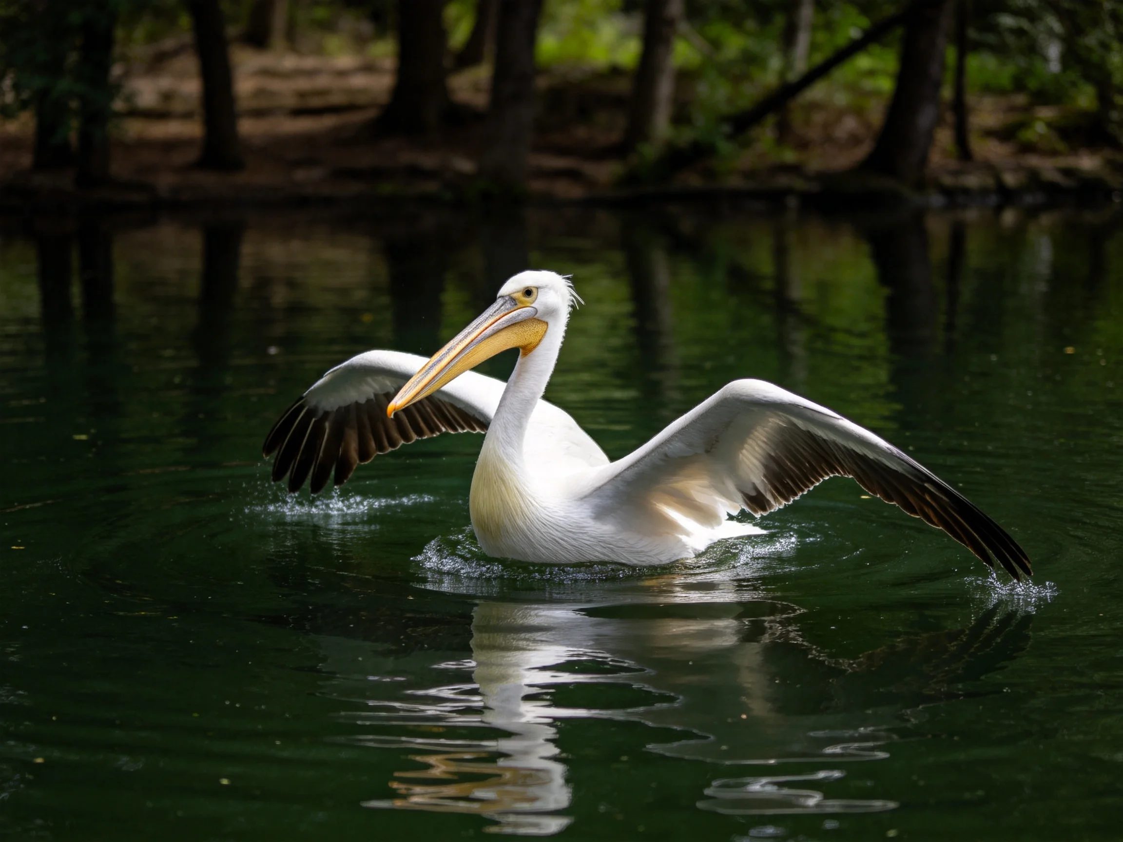 A white pelican spreads wings in calm green water