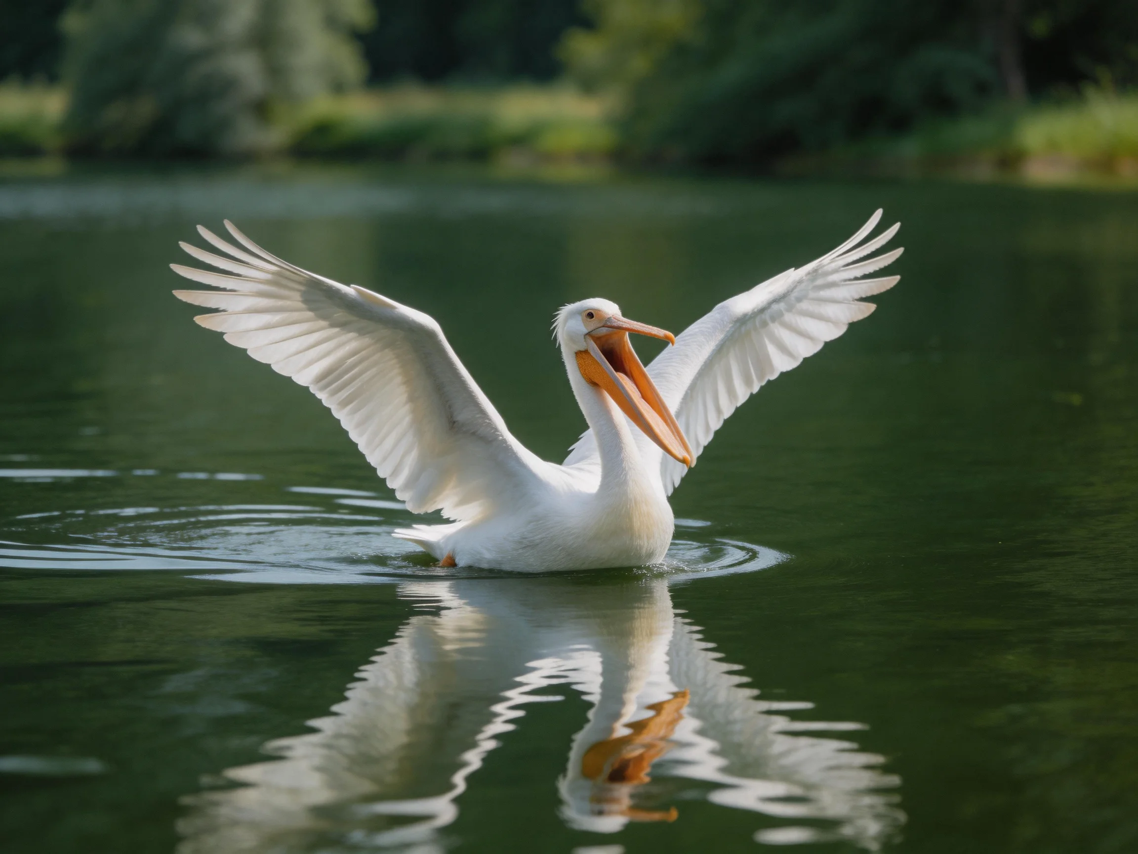 A white pelican spreads wings in calm green water