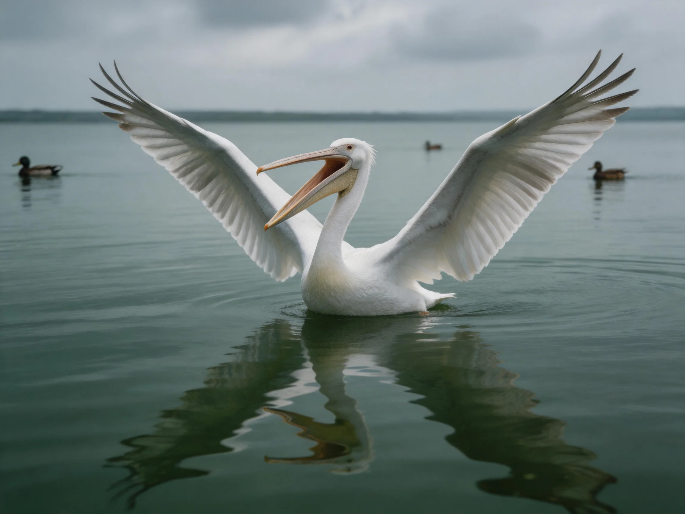 A white pelican spreads wings in calm water with ducks