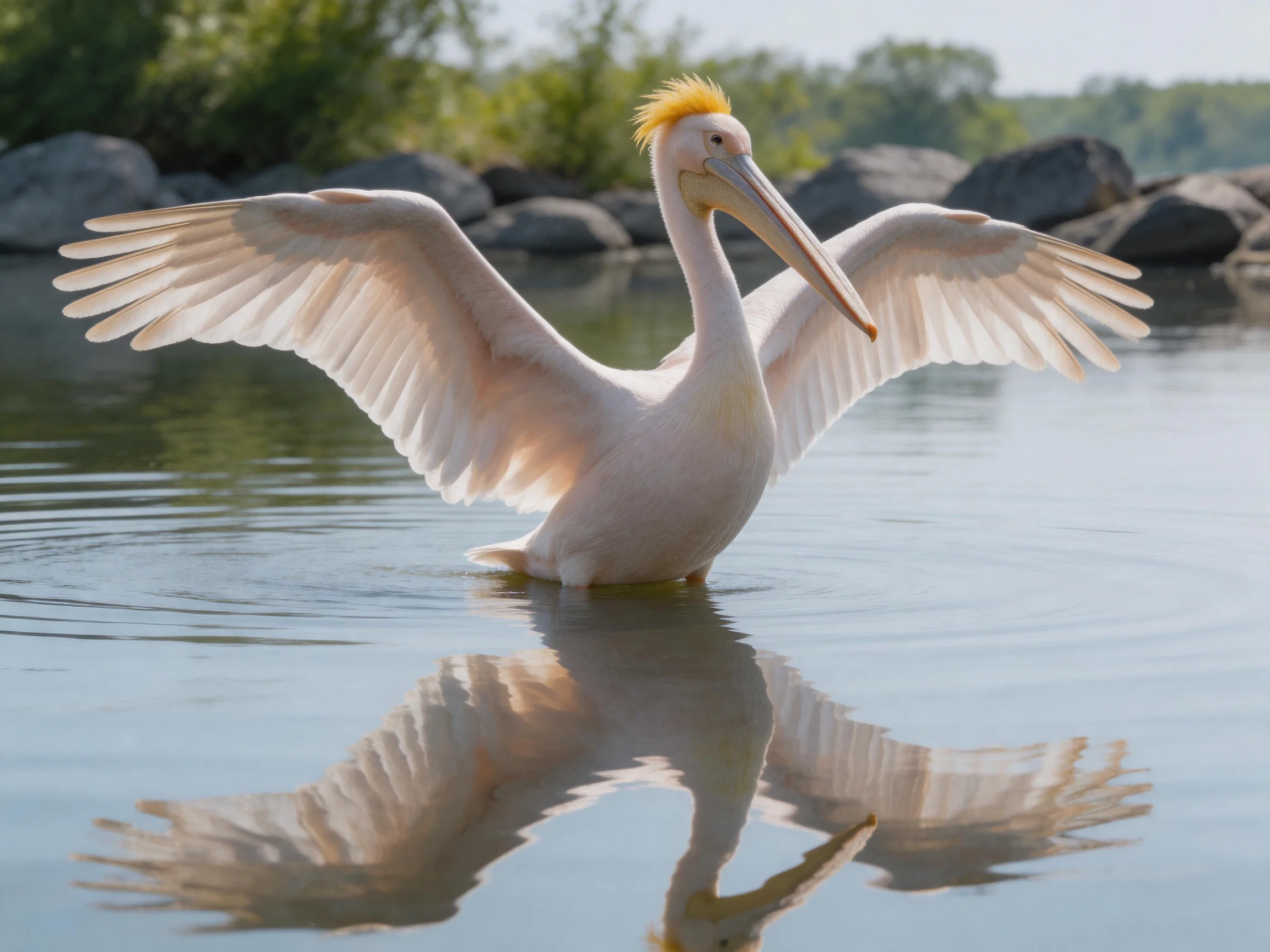 A white pelican spreads wings in calm water with reflection