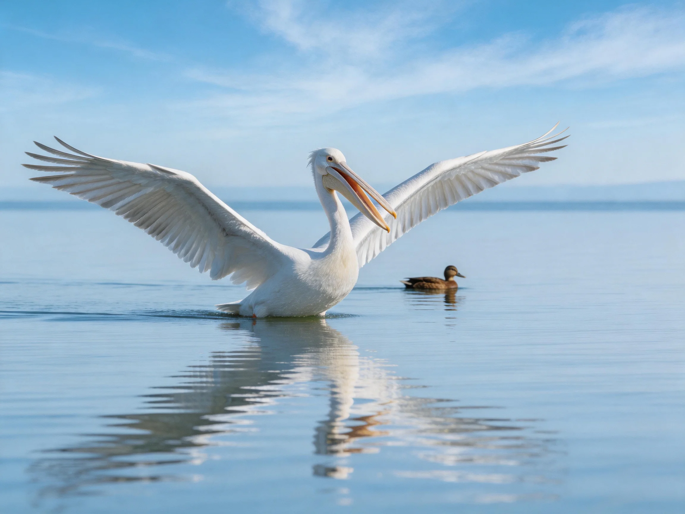 A white pelican spreads wings near a brown duck on calm water