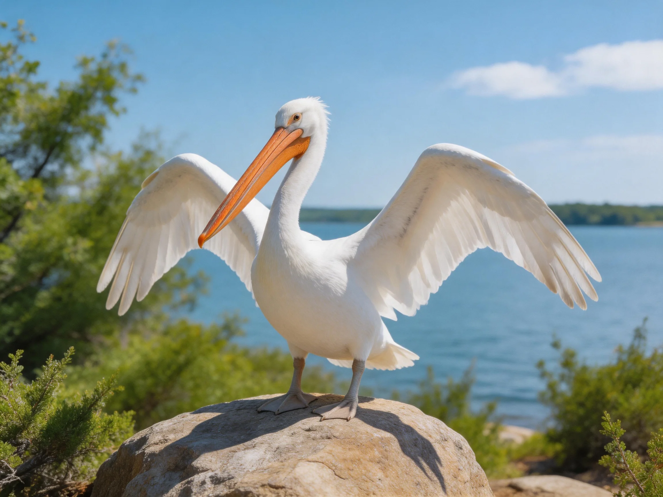 A white pelican spreads wings on a rocky shore by calm blue water