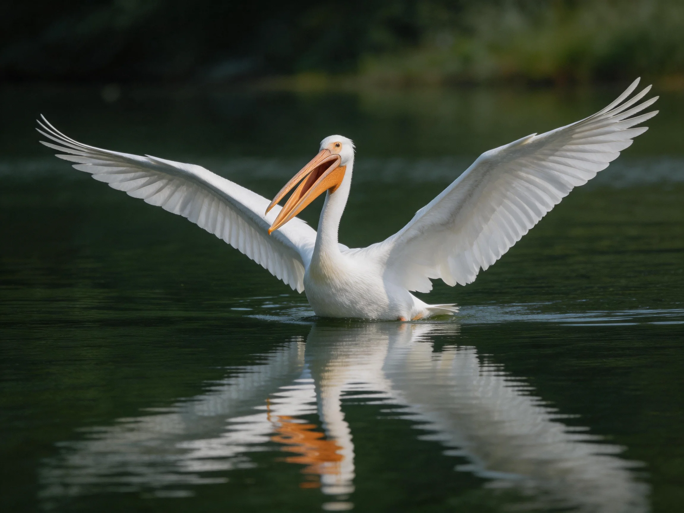 A white pelican spreads wings on calm water