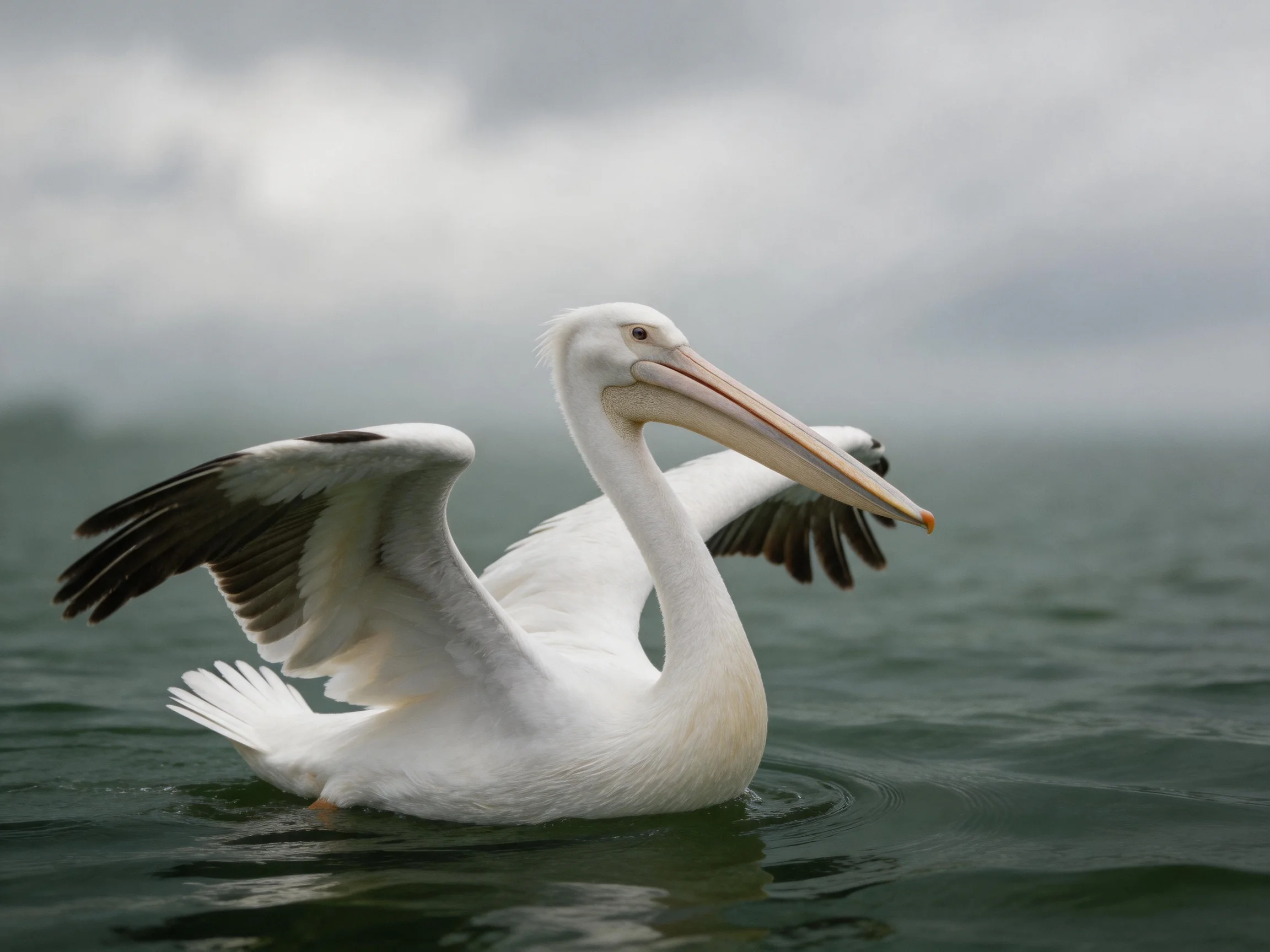 A white pelican spreads wings on calm waters under gray skies