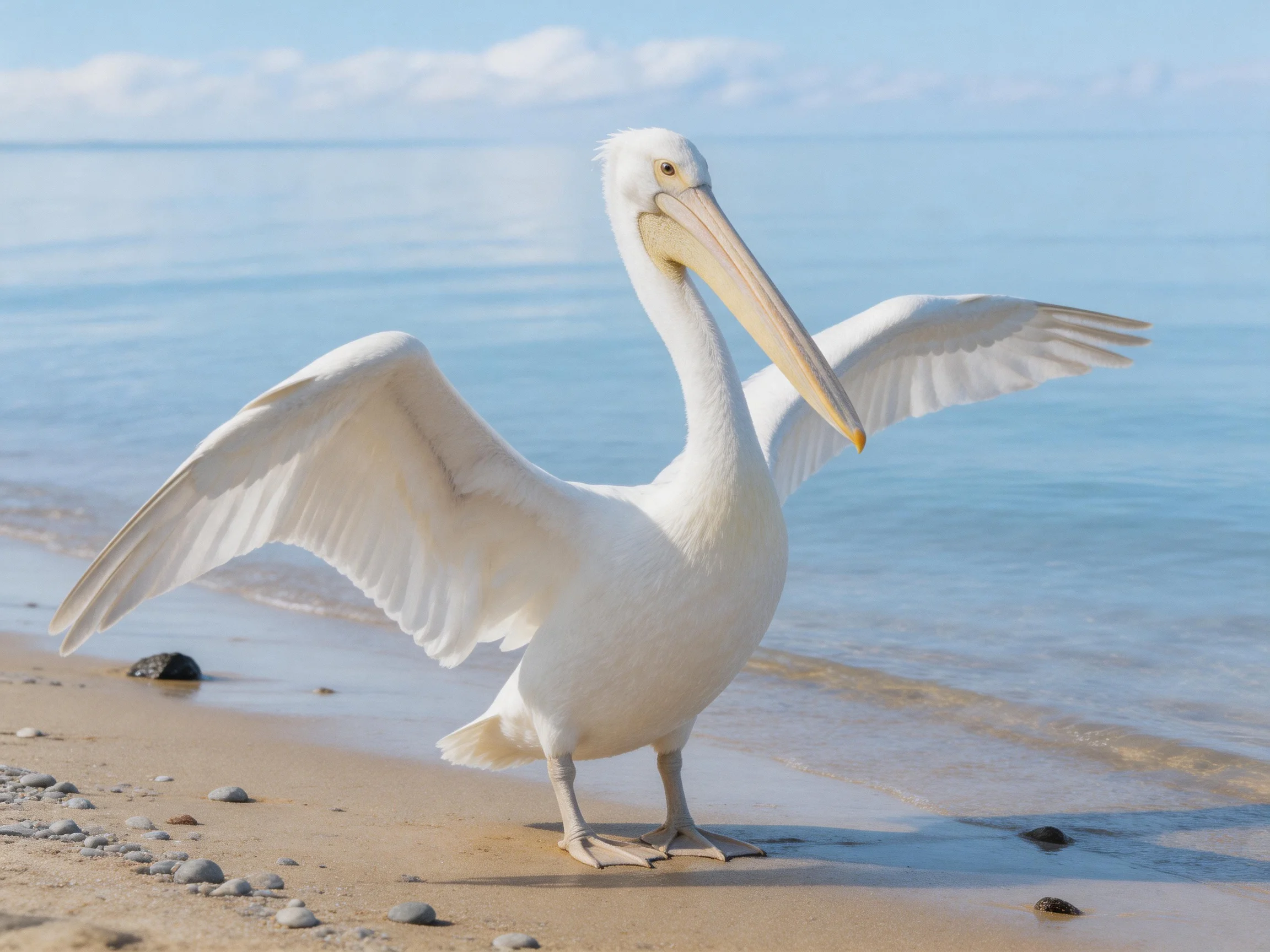 A white pelican spreads wings on sandy shore near calm blue water