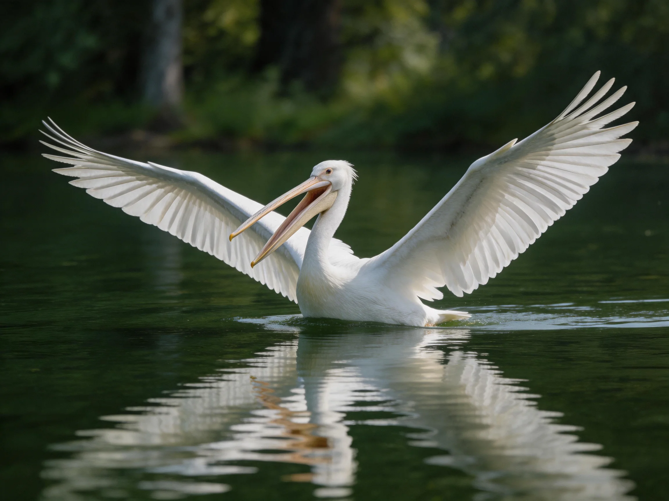 A white pelican spreads wings over calm water
