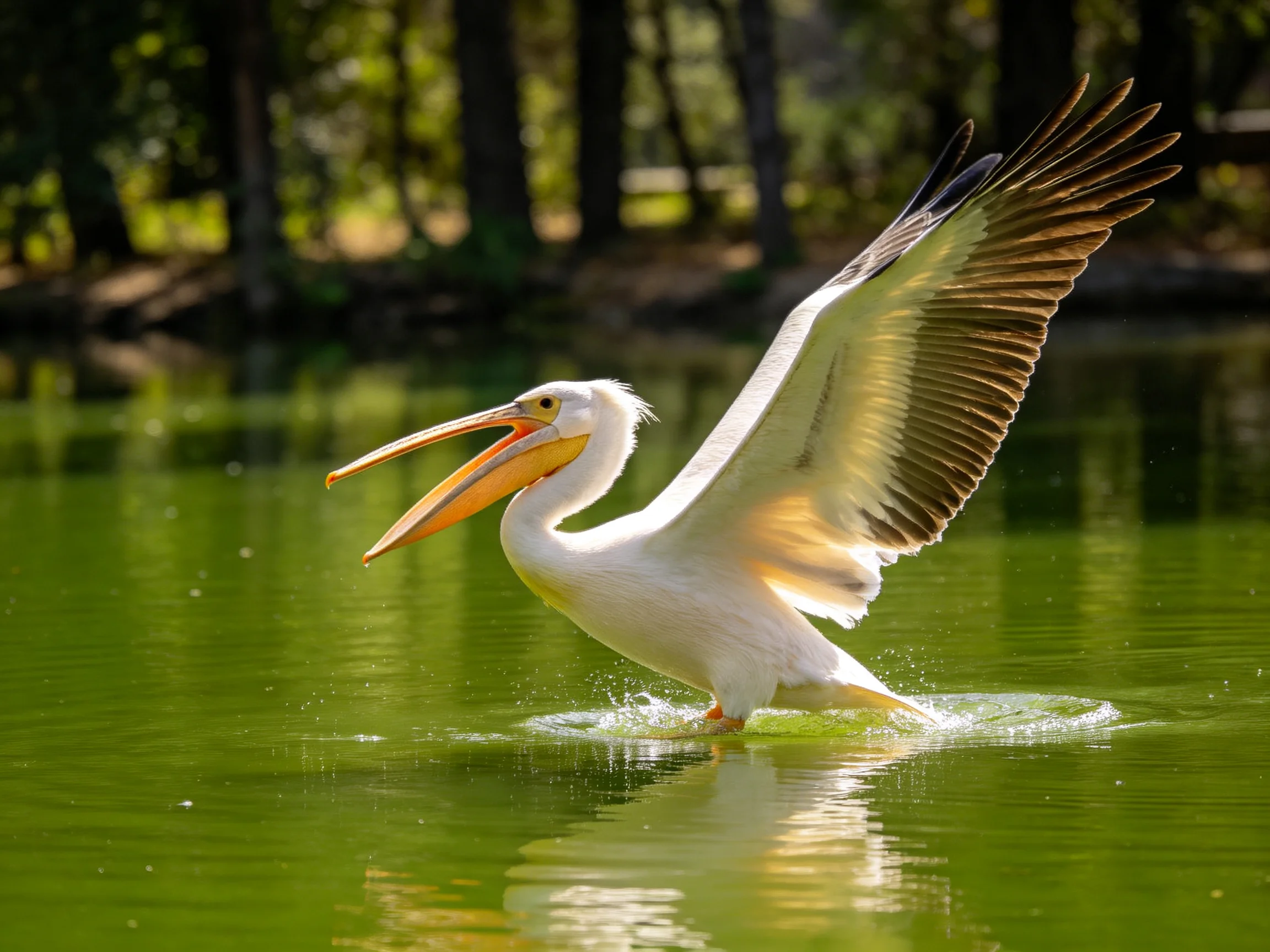 A white pelican spreads wings over green water near trees