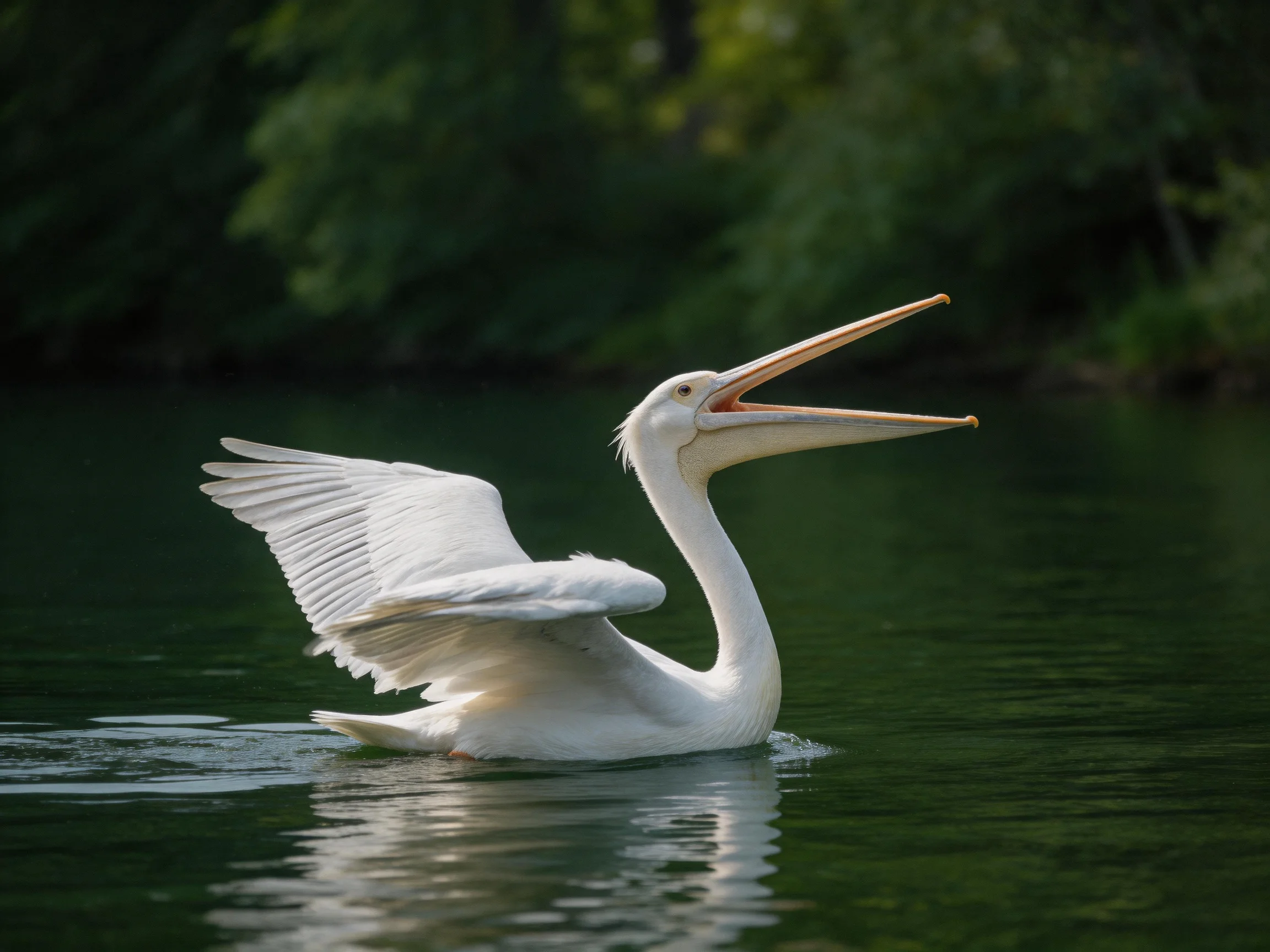 A white pelican swimming with wings spread over calm water