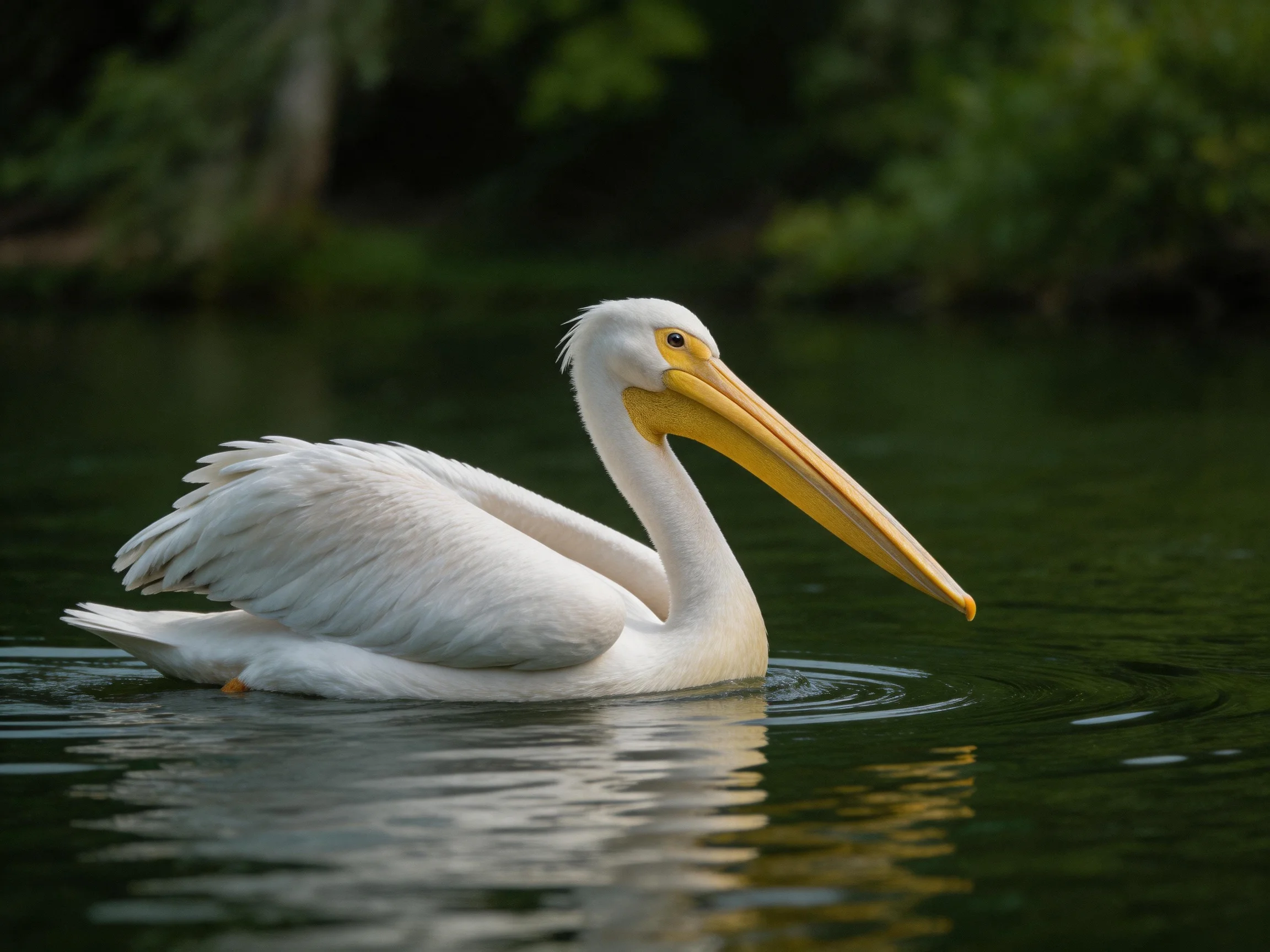 A white pelican floats serenely in calm water with green vegetation nearby.