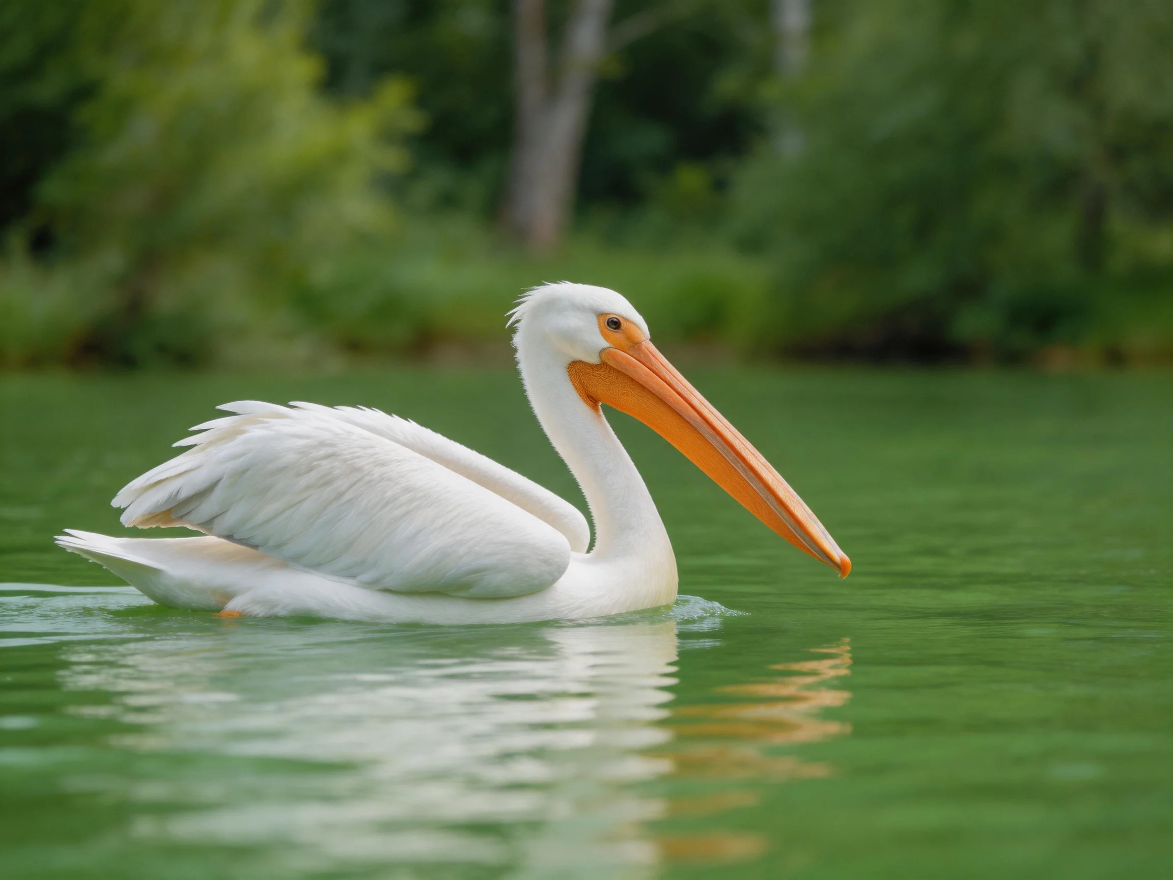 A white pelican swims in calm green water near lush trees