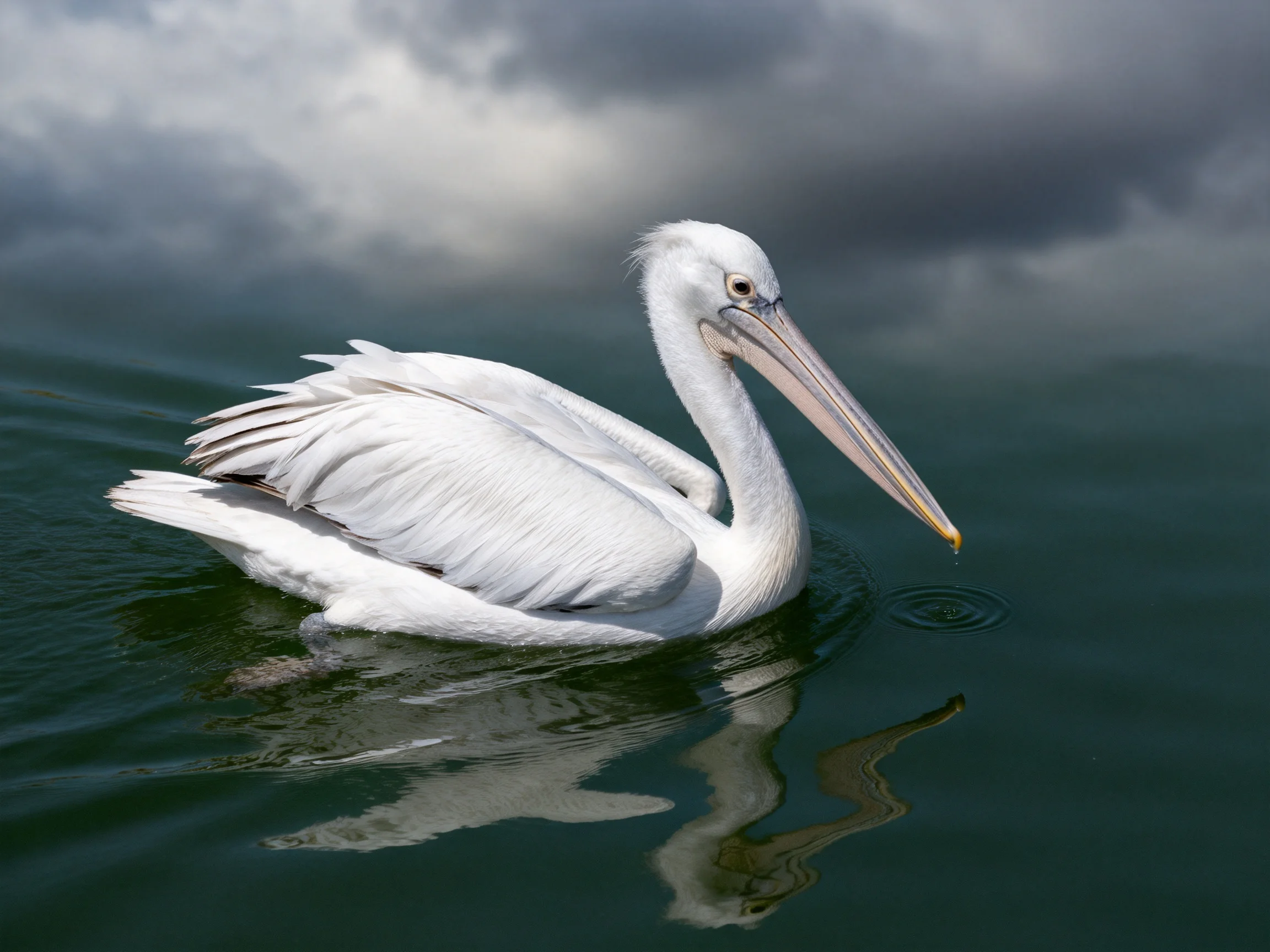 A white pelican swims in calm water beneath dark storm clouds